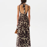 ALINA - Open-back ruched printed mesh maxi dress