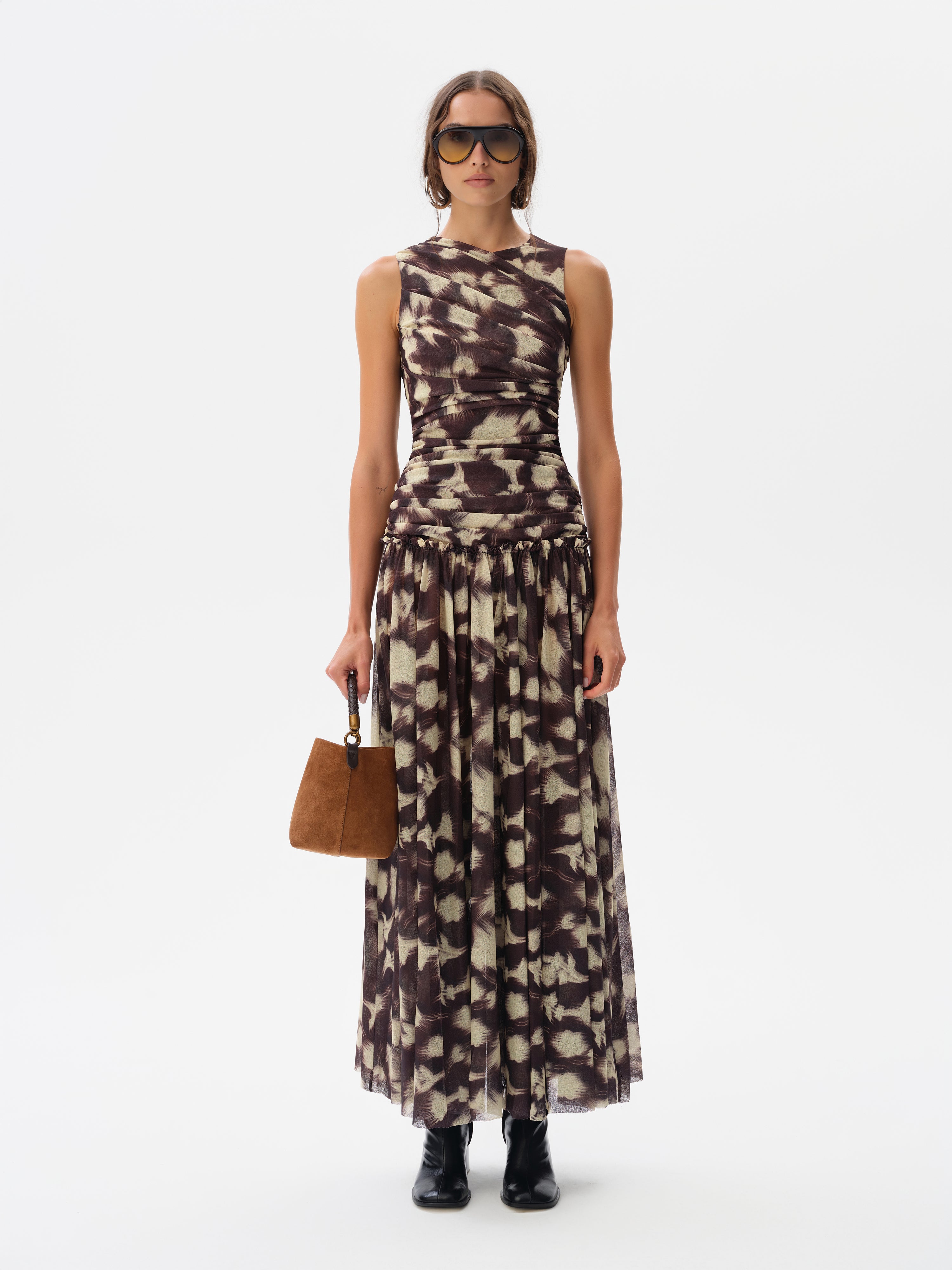 ALINA - Open-back ruched printed mesh maxi dress