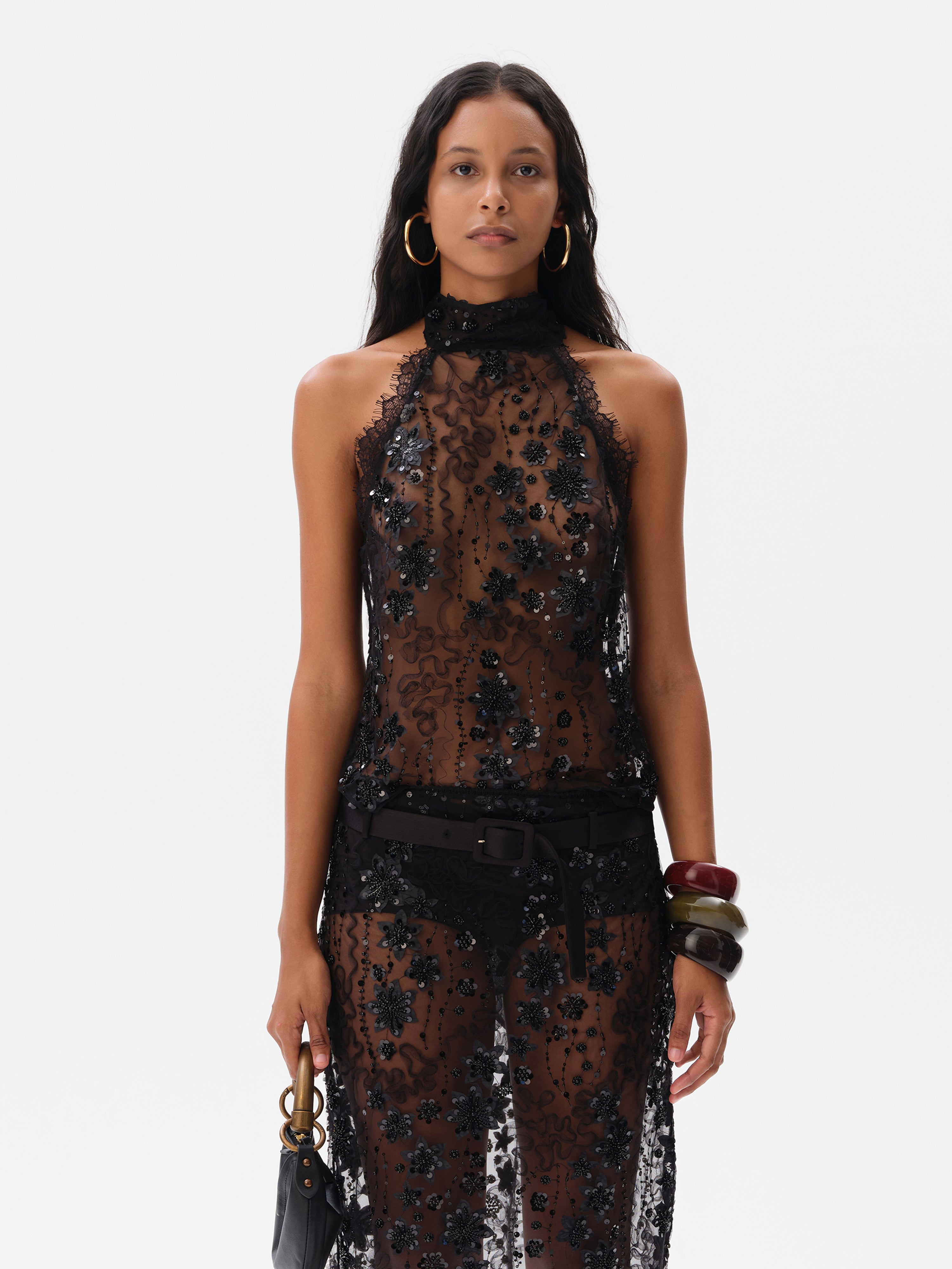 DARCY - Embroidered halter-neck top with lace trim