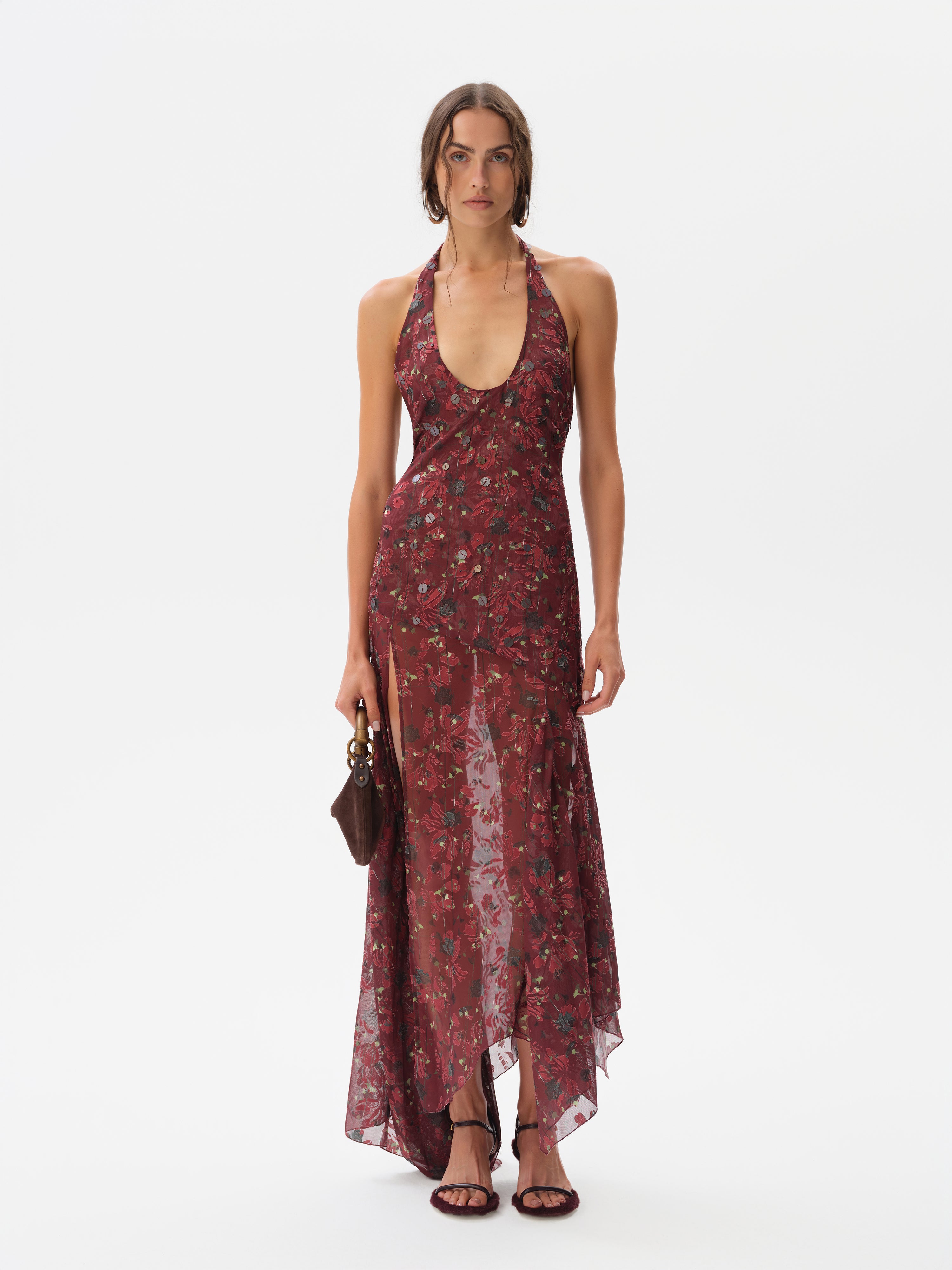 CORINAS - Halter-neck chiffon maxi dress with devoré detail