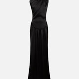 MARGOT - Open-back silver-trimmed satin maxi dress