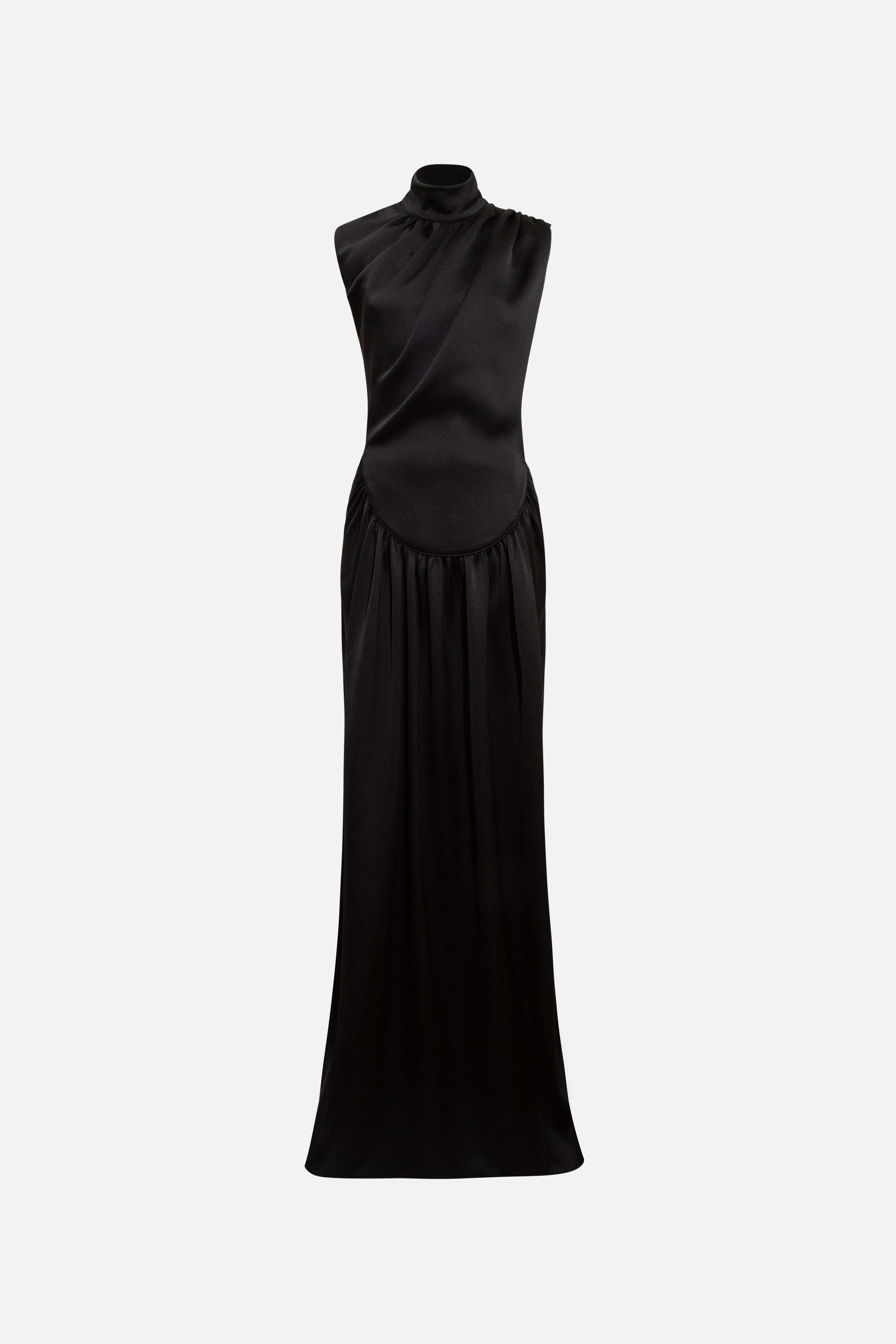 MARGOT - Open-back silver-trimmed satin maxi dress