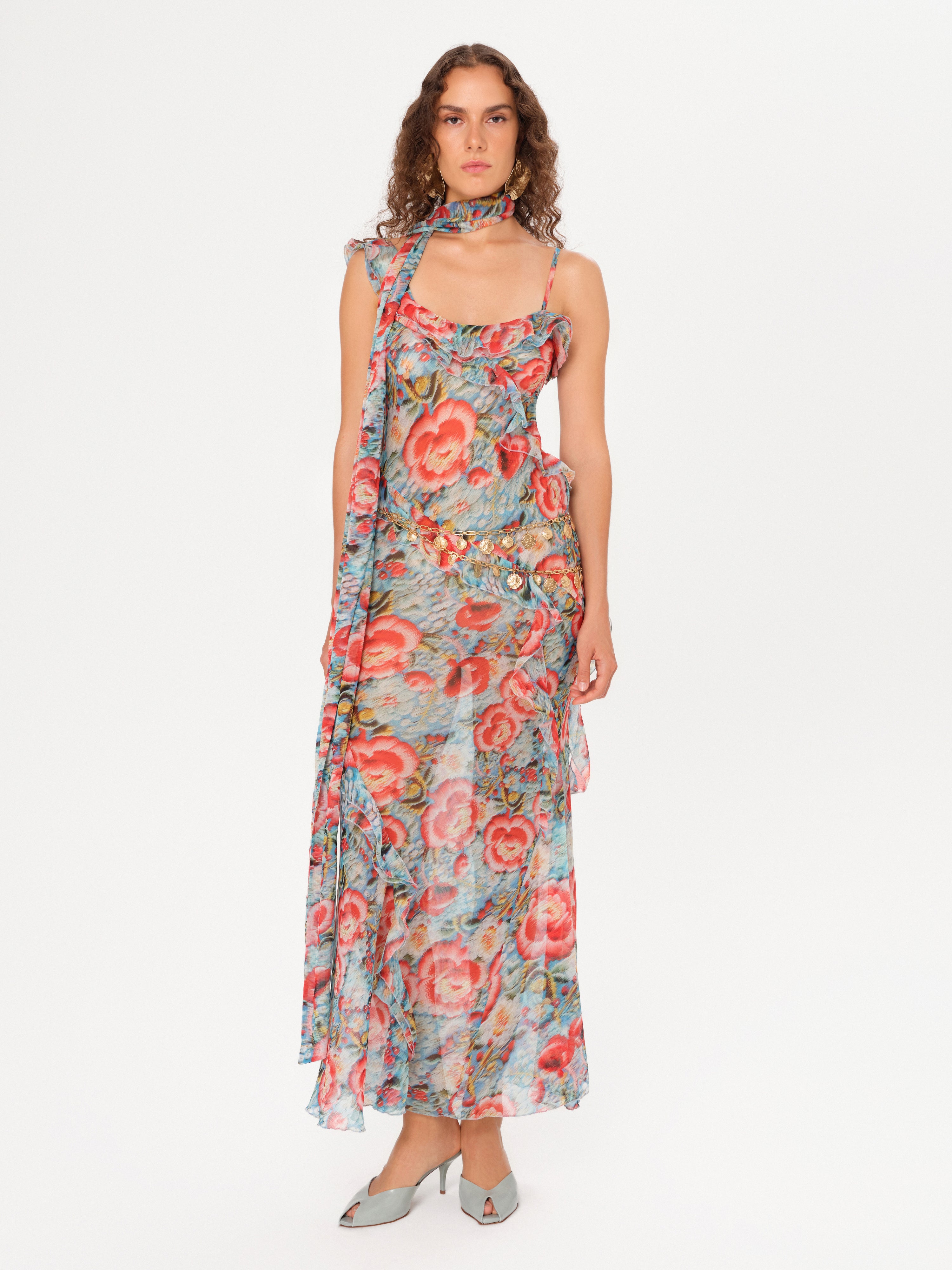 MONICA - Scarf and ruffle-detailed maxi dress