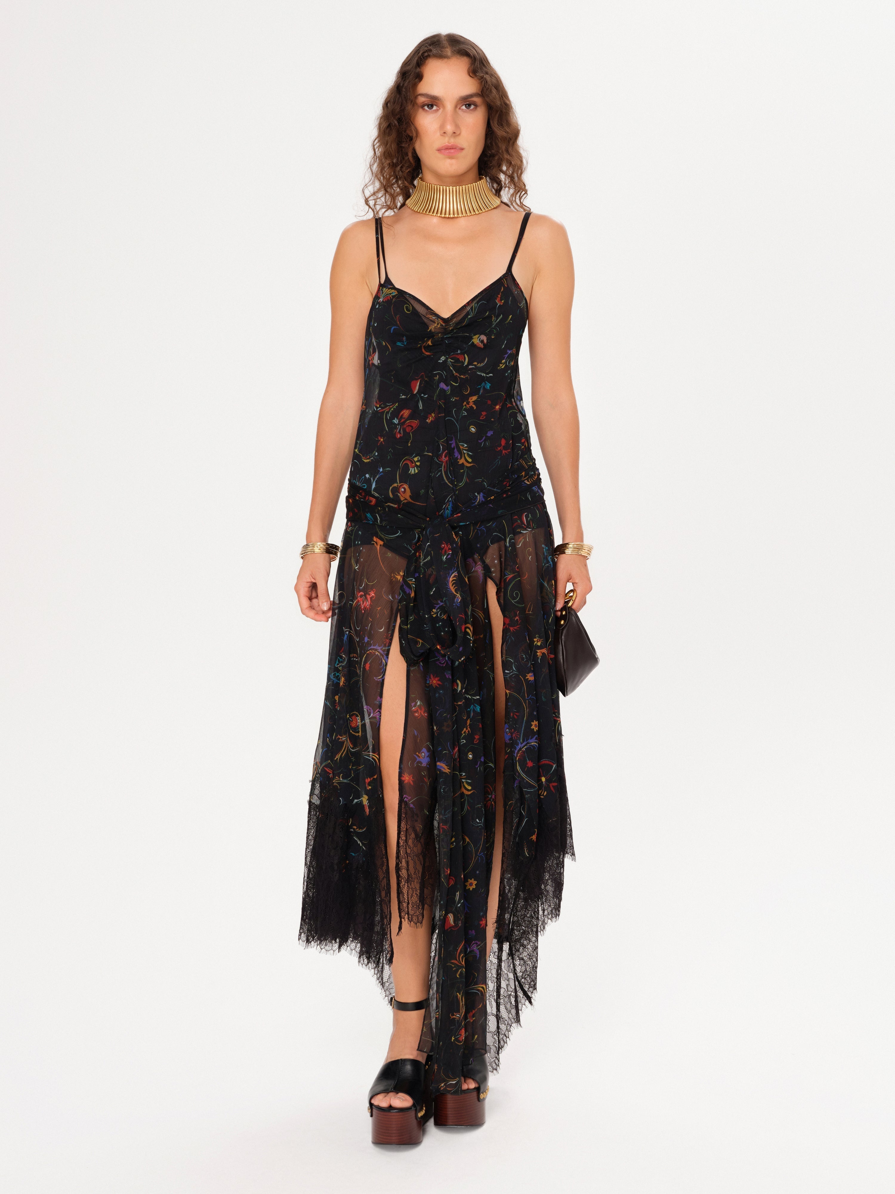 CLAUDIA - Printed slip maxi dress with a front tie