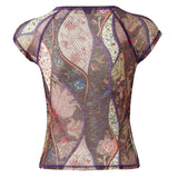 DORA - Contrast-stitched printed semi-sheer t-shirt