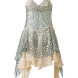 MILEY - Asymmetric sequined mini dress with lace layer