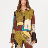 MORA - Patchwork-printed fluted sleeve cropped shirt