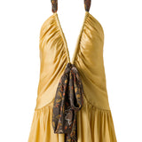 SOLERN - Deep V-neck mini dress with printed tie
