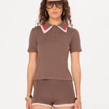 YUAN - Lace-trimmed knit polo top