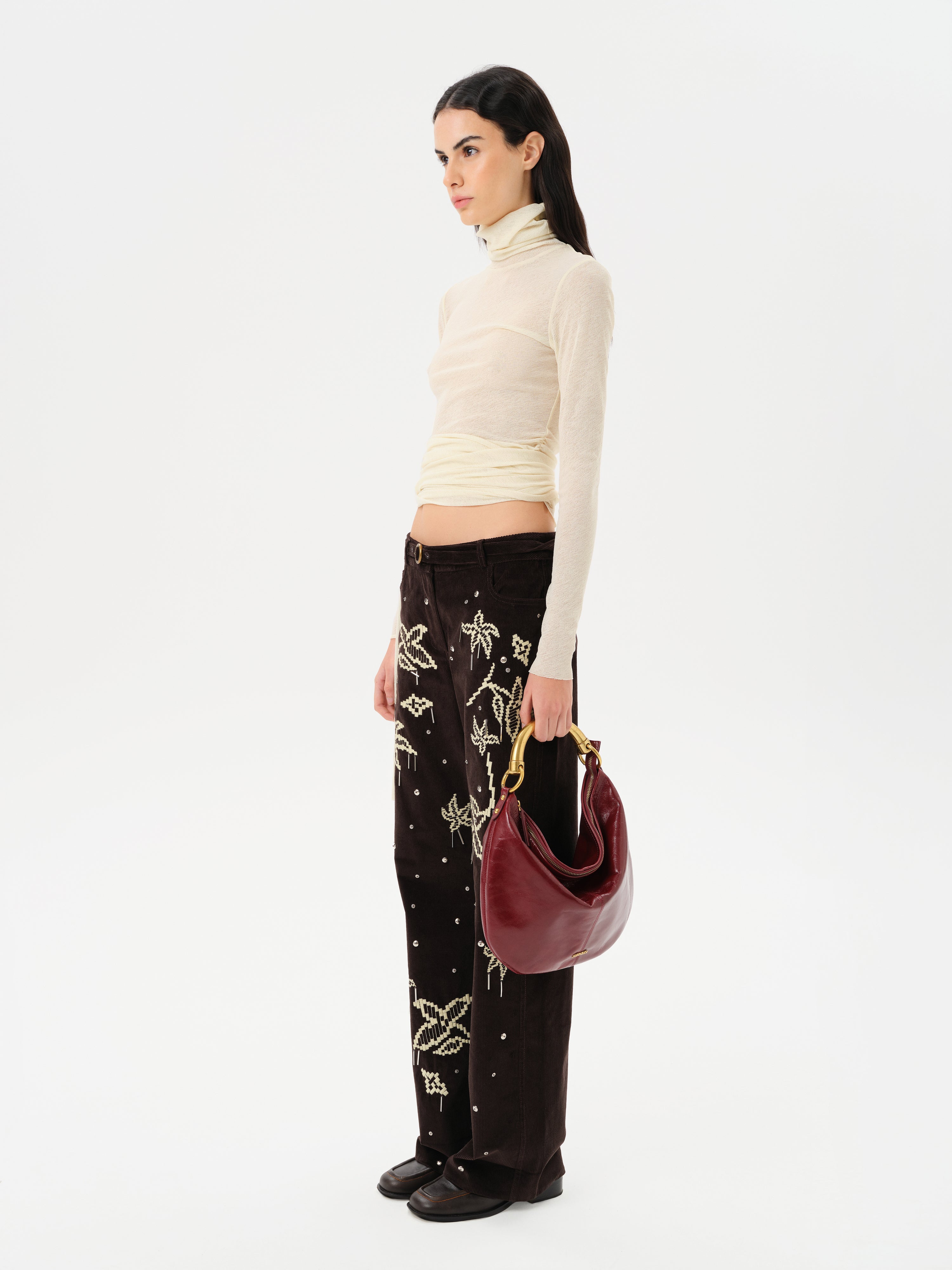 ALBA - Fitted long-sleeve mesh top with side tie detail