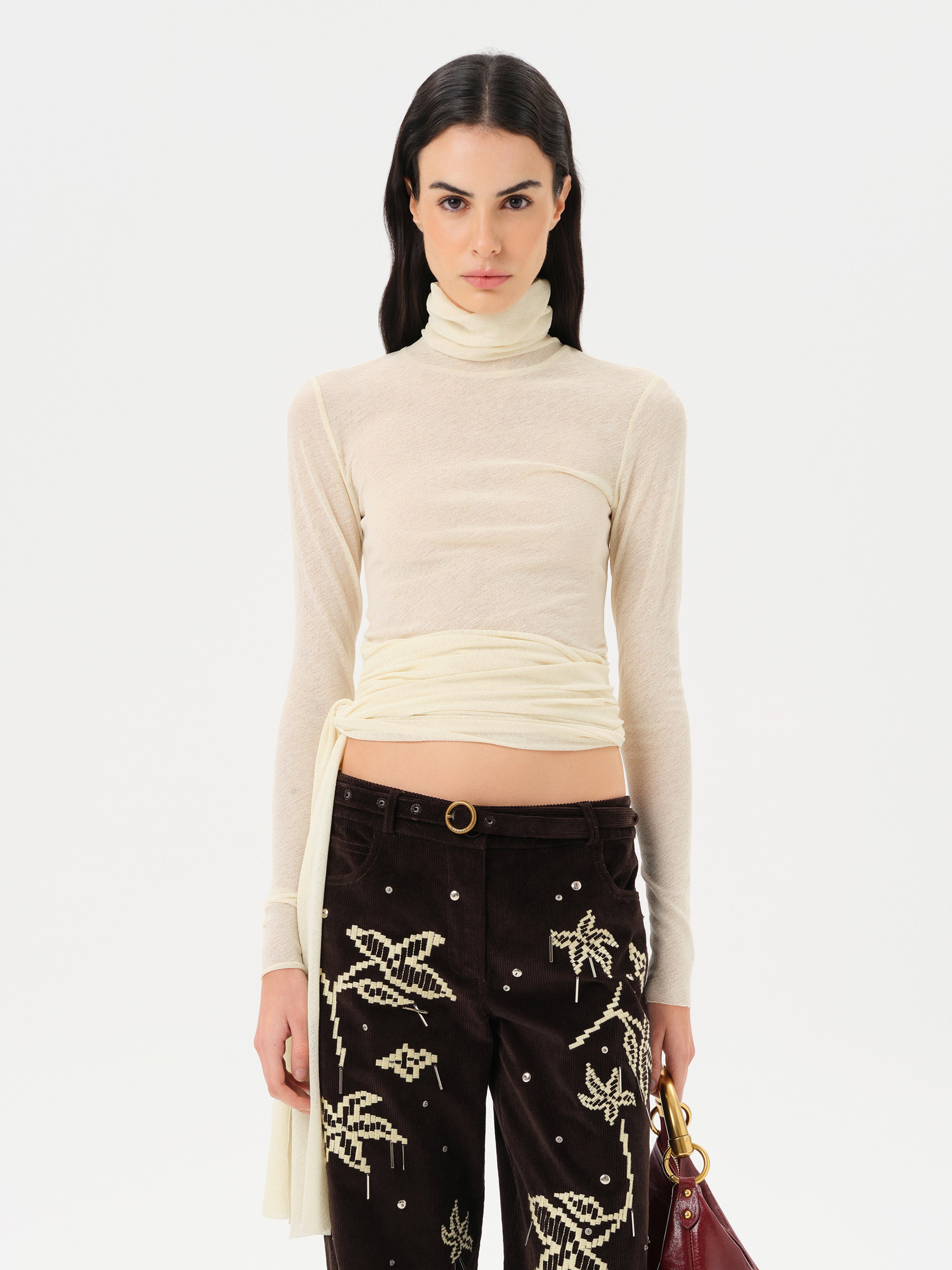 ALBA - Fitted long-sleeve mesh top with side tie detail