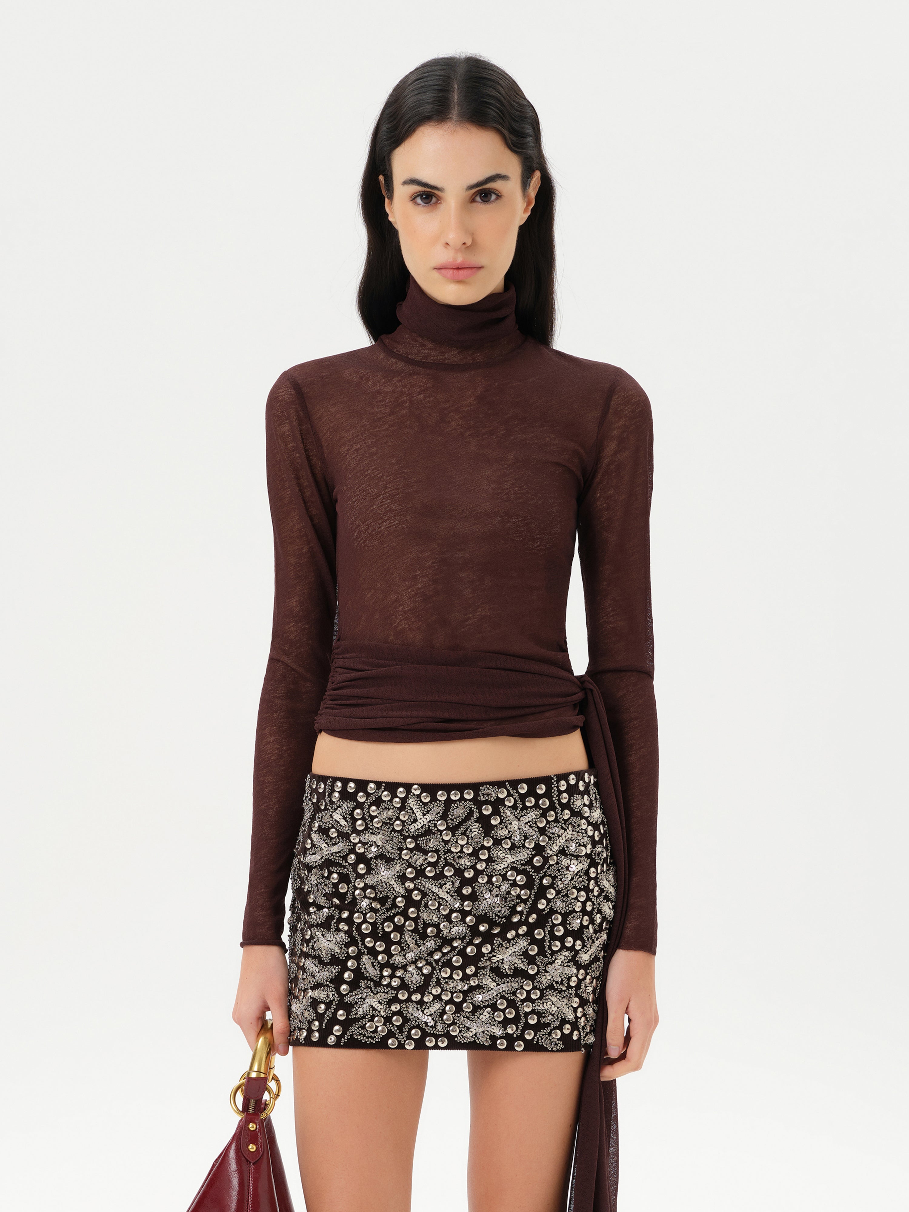 ALBA - Fitted long-sleeve mesh top with side tie detail