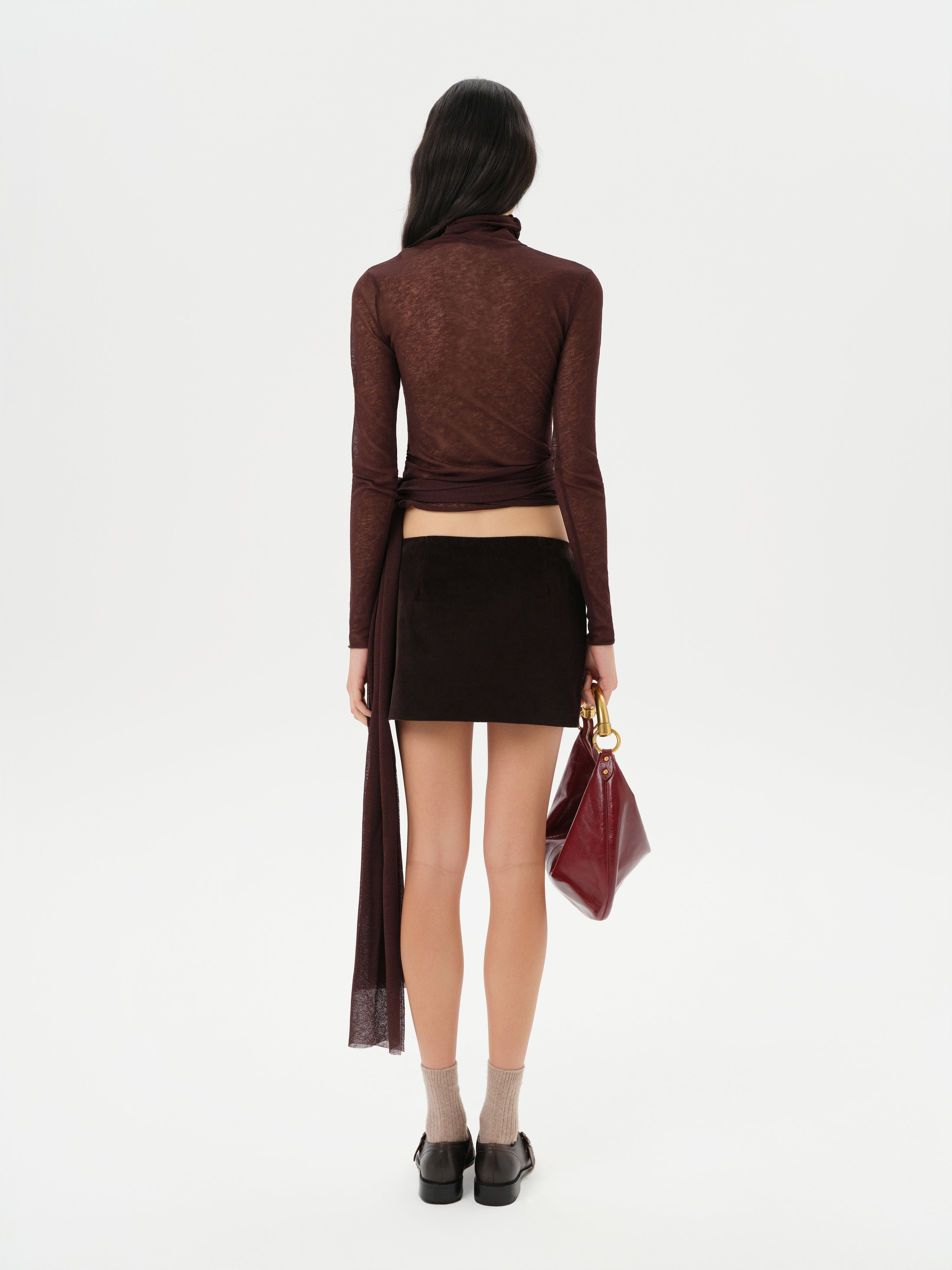 ALBA - Fitted long-sleeve mesh top with side tie detail