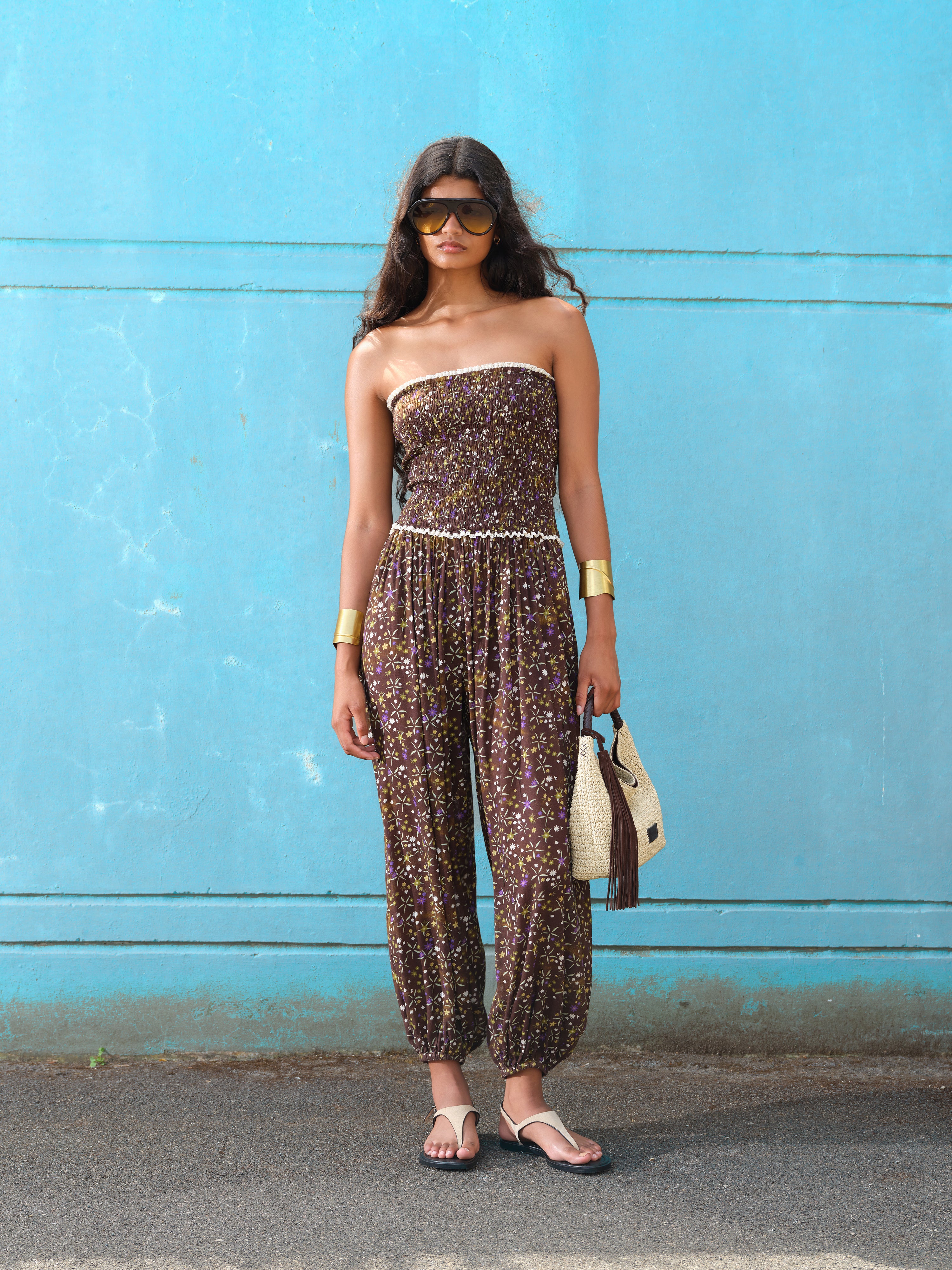ANAIS - Floral printed strapless balloon-leg jumpsuit