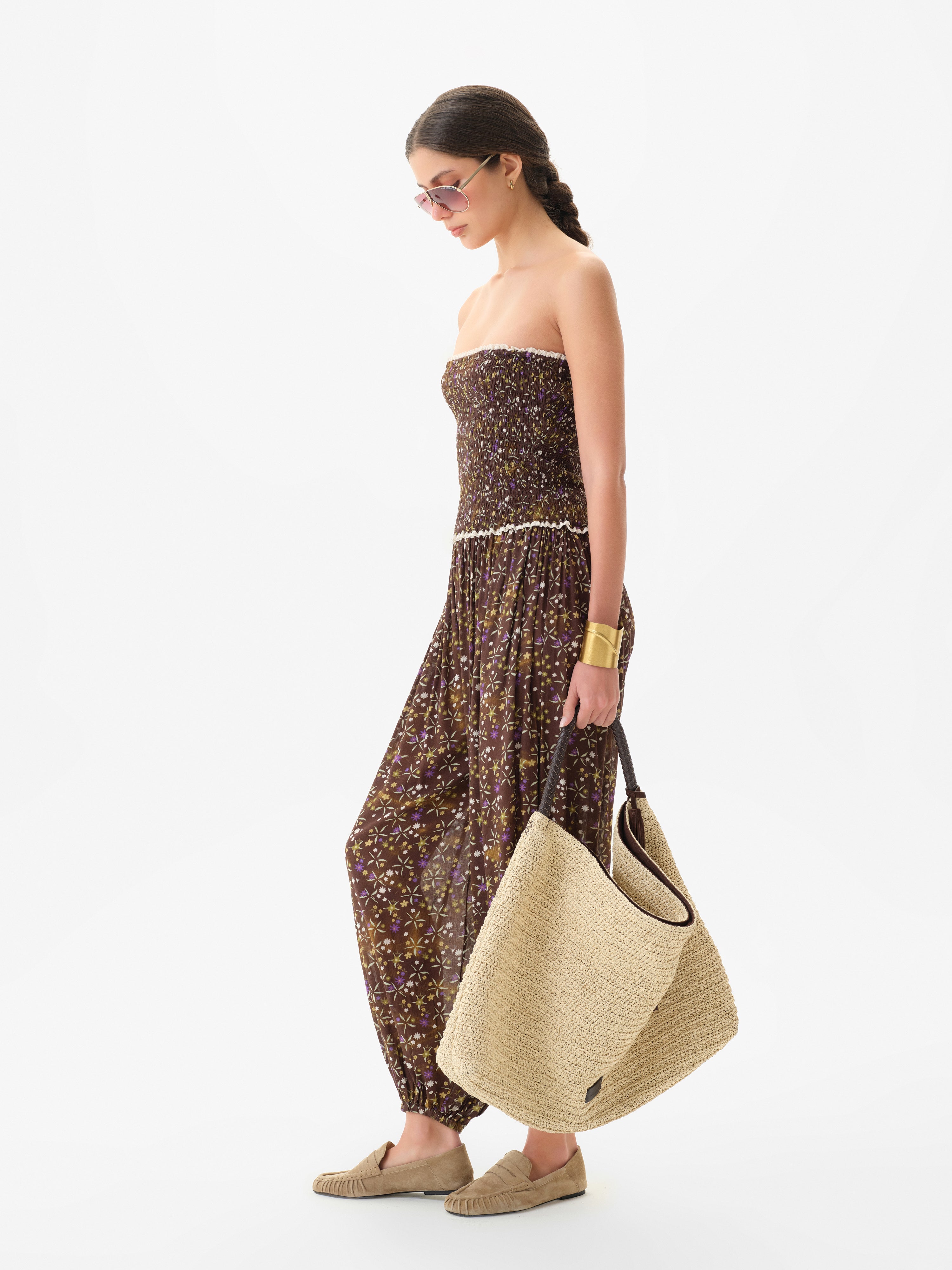 ANAIS - Floral printed strapless balloon-leg jumpsuit