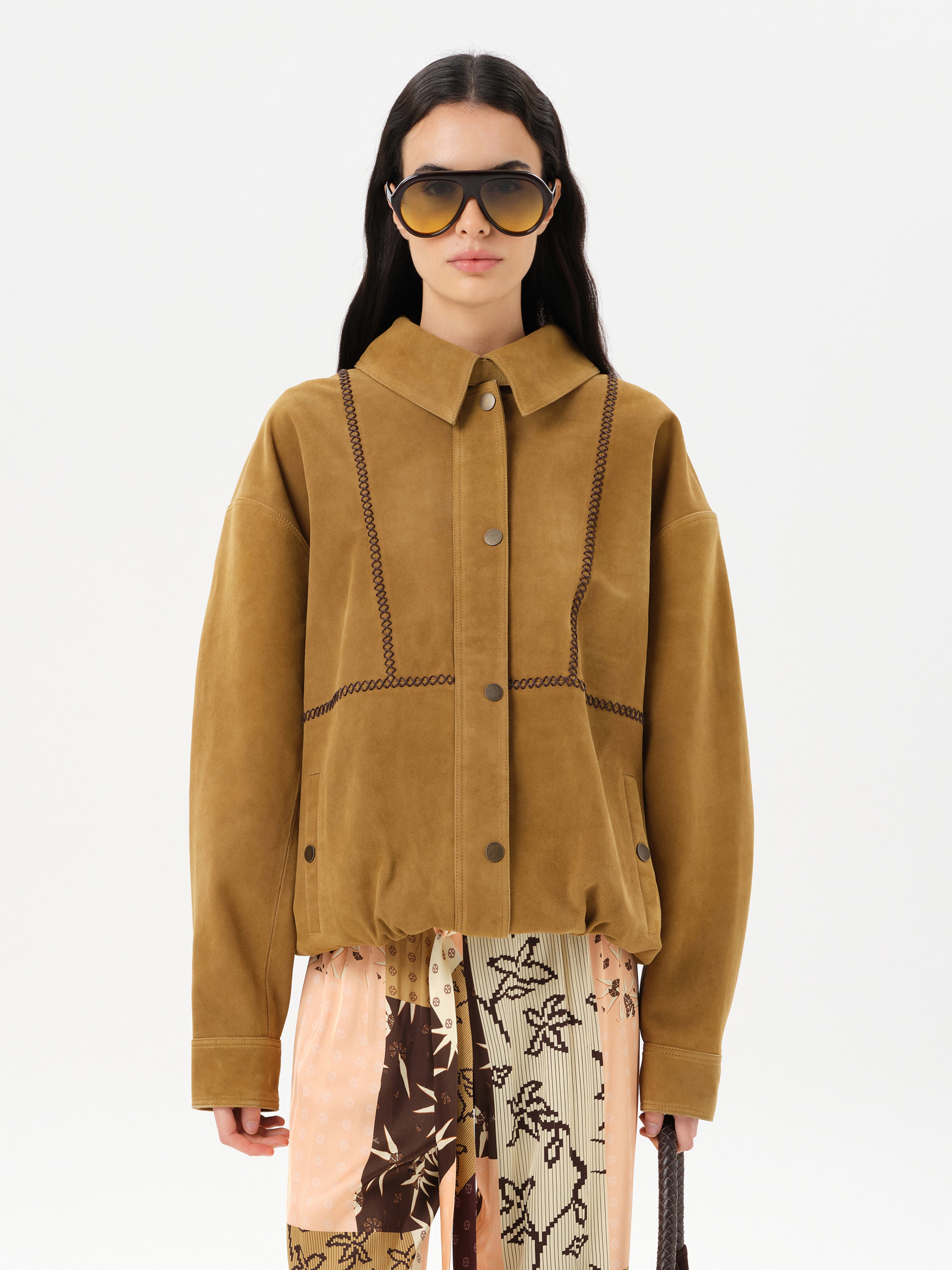 BERNIE - Oversized leather bomber jacket with contast stiching detail