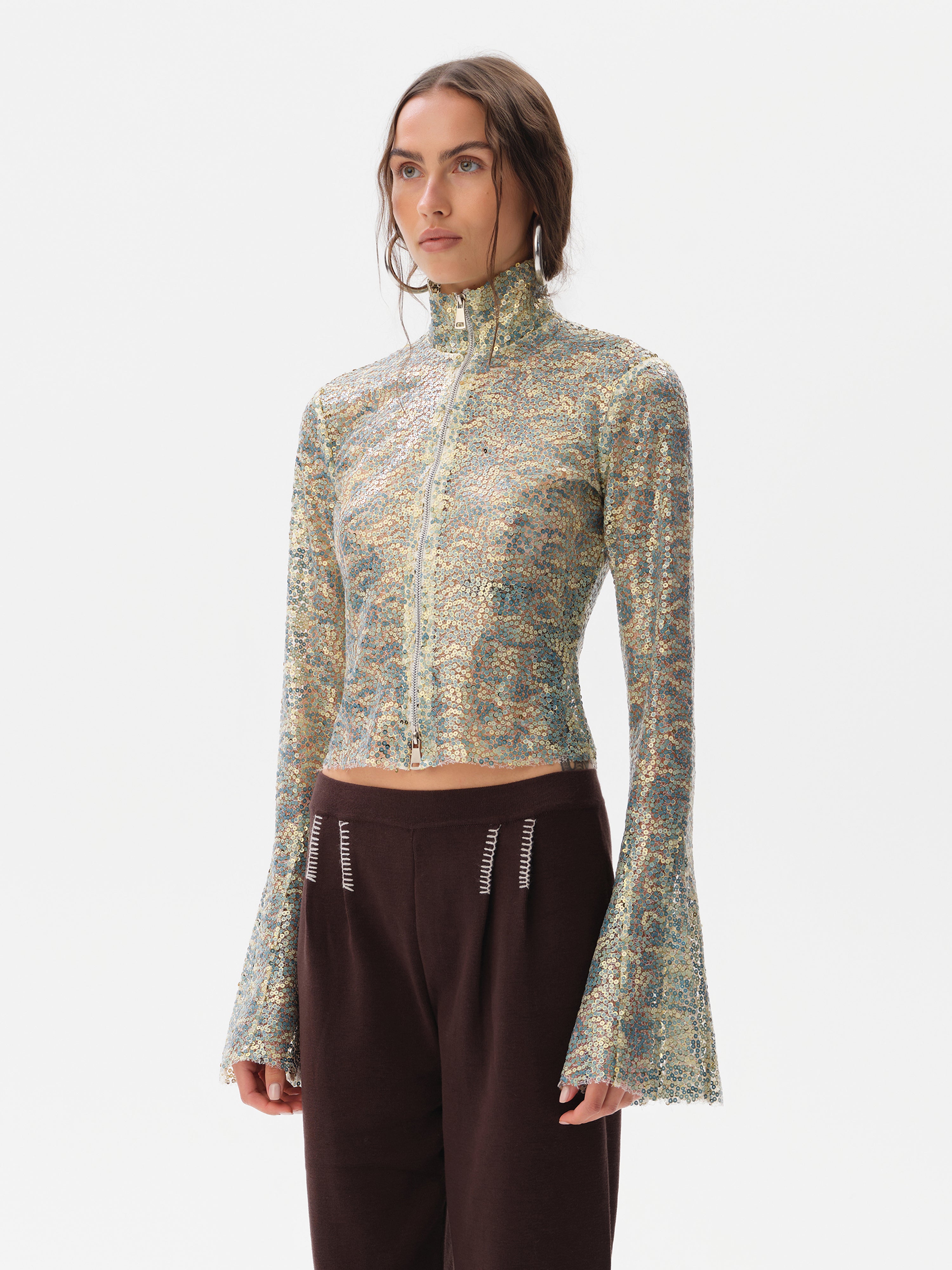JUN - Sequined fluted top with front zipper