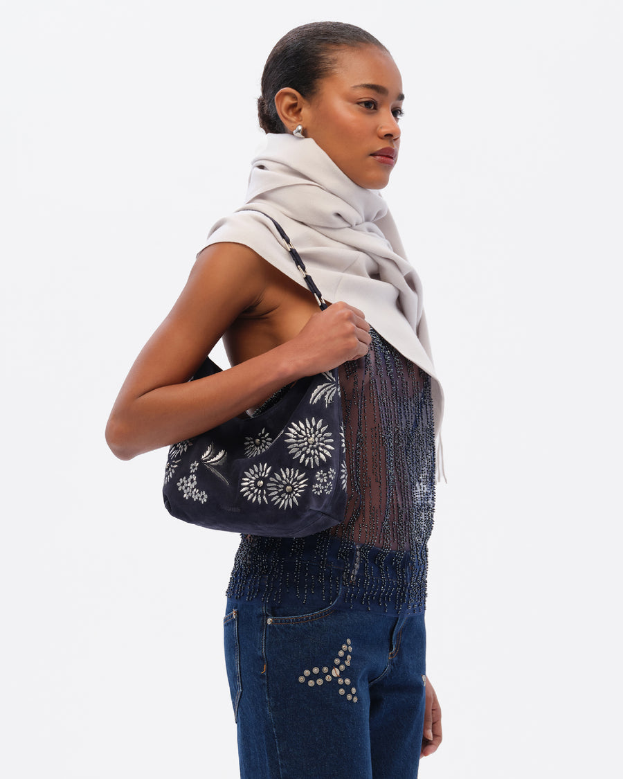 MINI GALIA - Shoulder bag with silver embroidery and chain strap