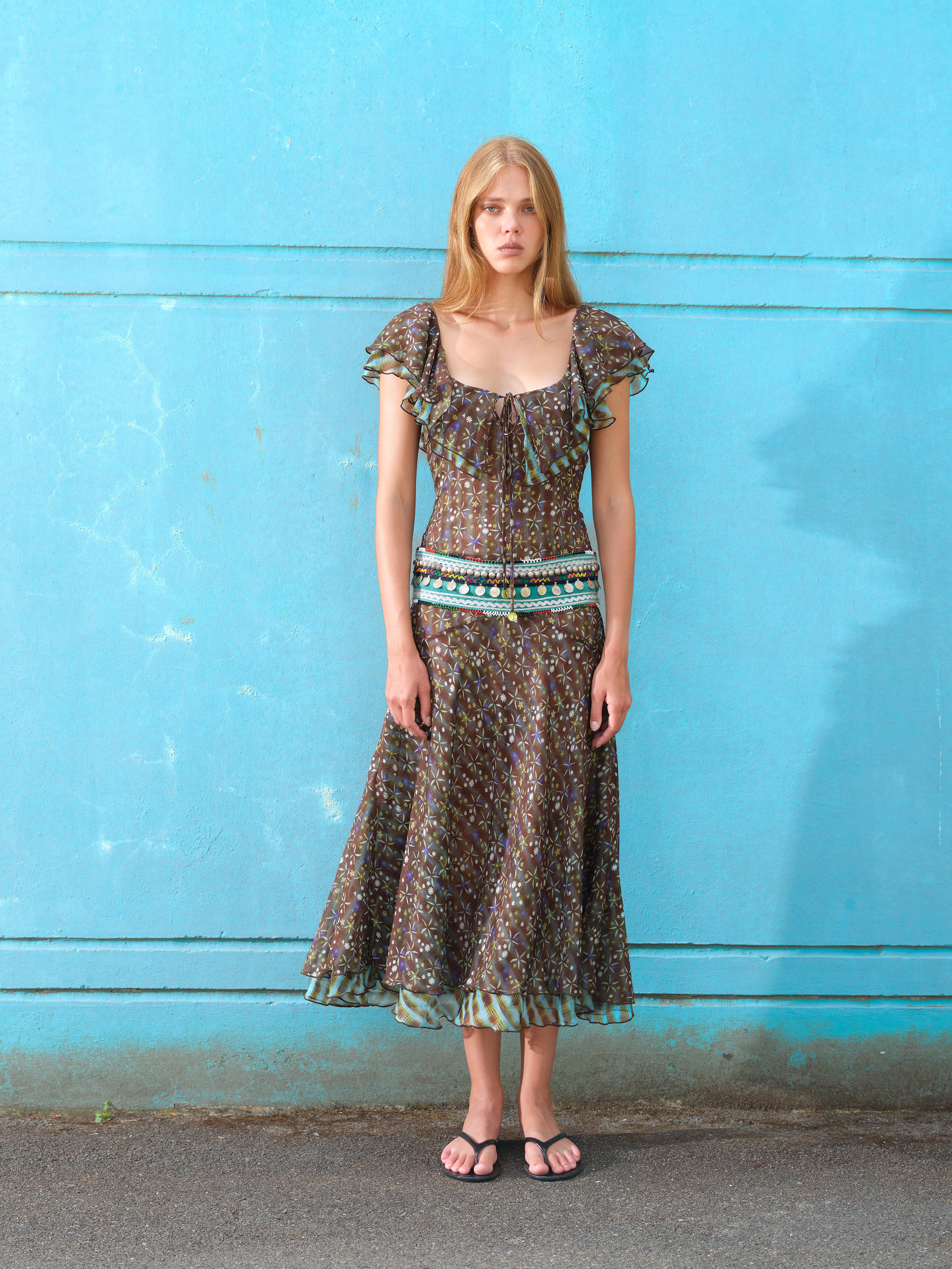 CAENES - Printed chiffon dress with ruffled neckline