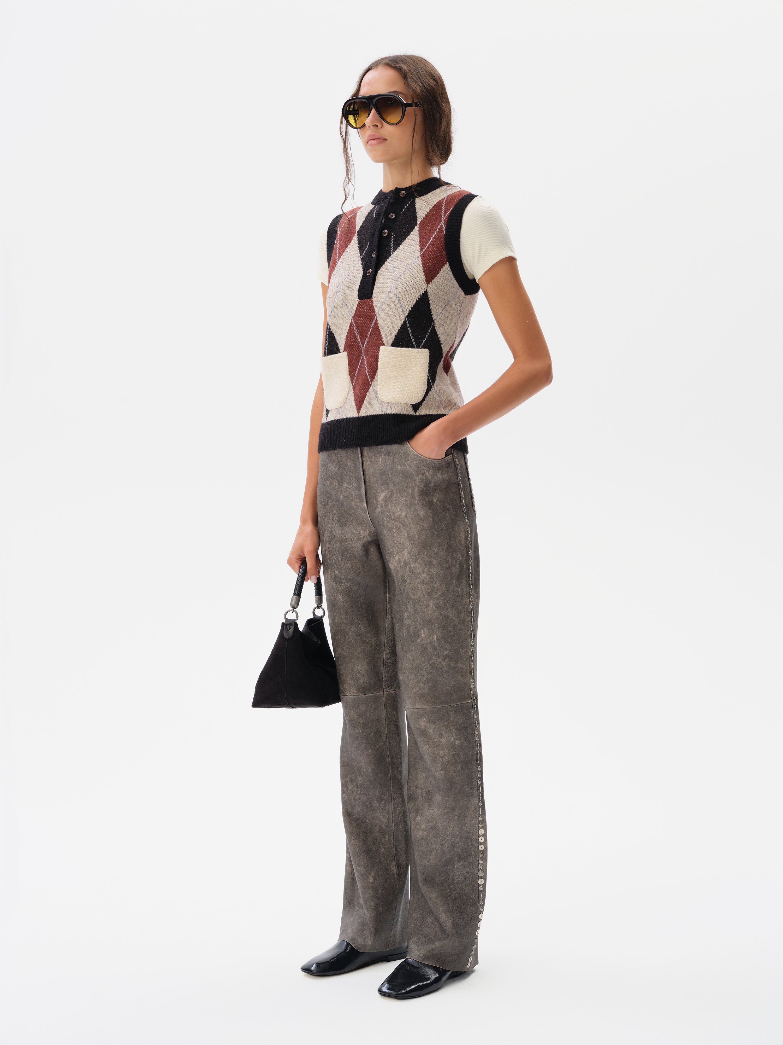 RENAS - High-rise embellished flare-leg leather pants