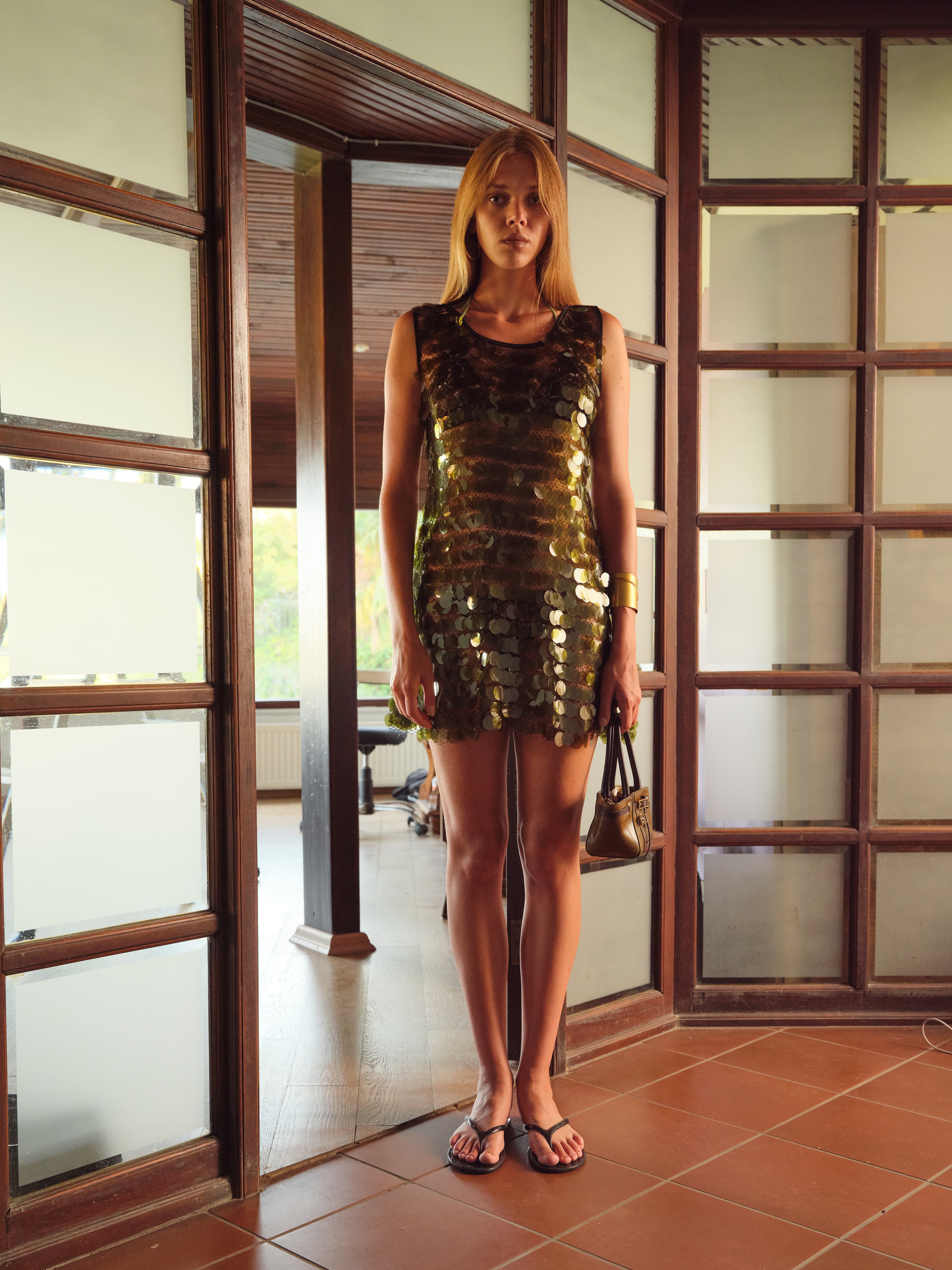CARRIE - Embroidered mini mesh base dress with reflective sequins