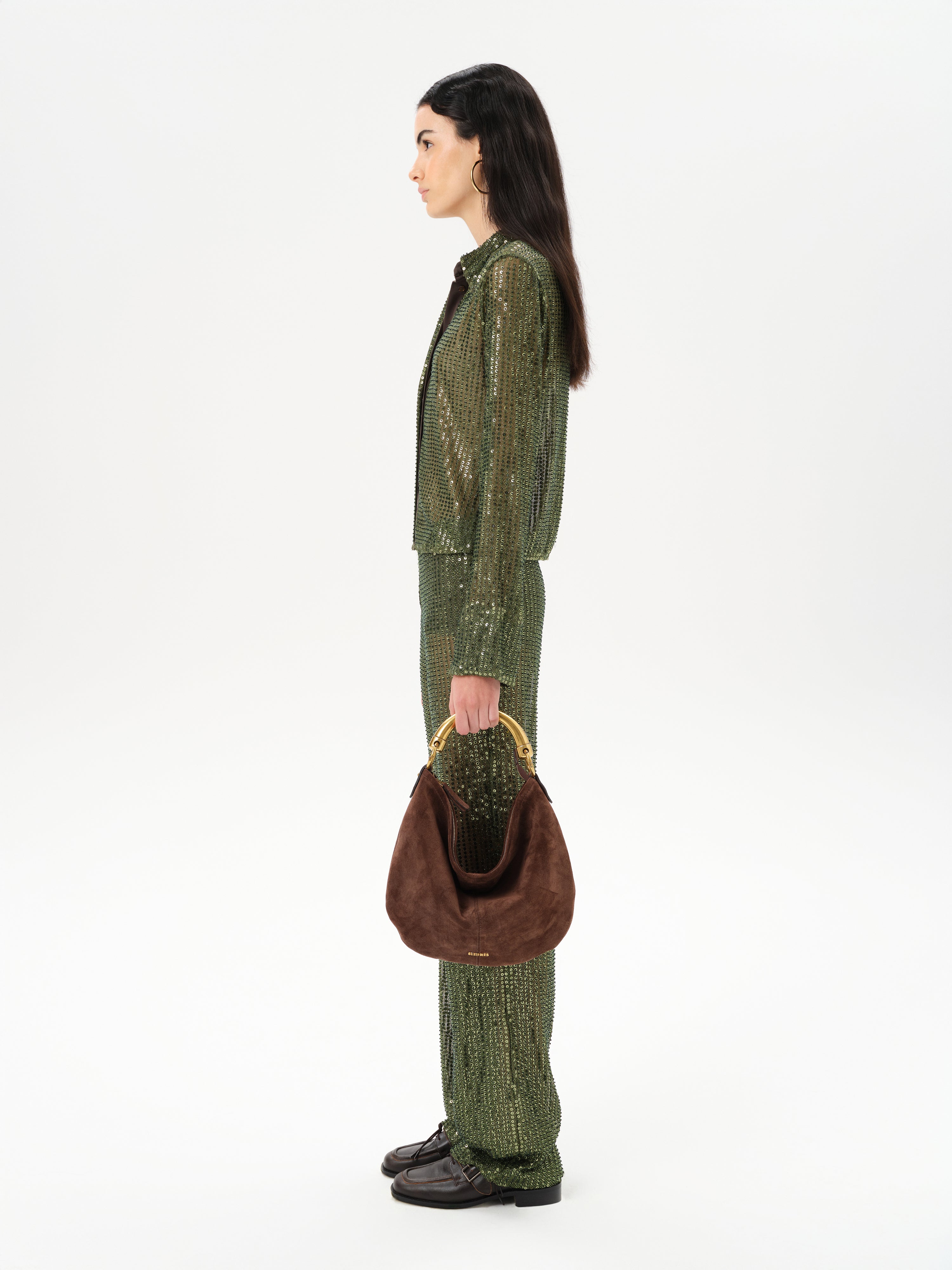 CHÉRIE MEDIUM - Medium suede hobo bag with metal top handle