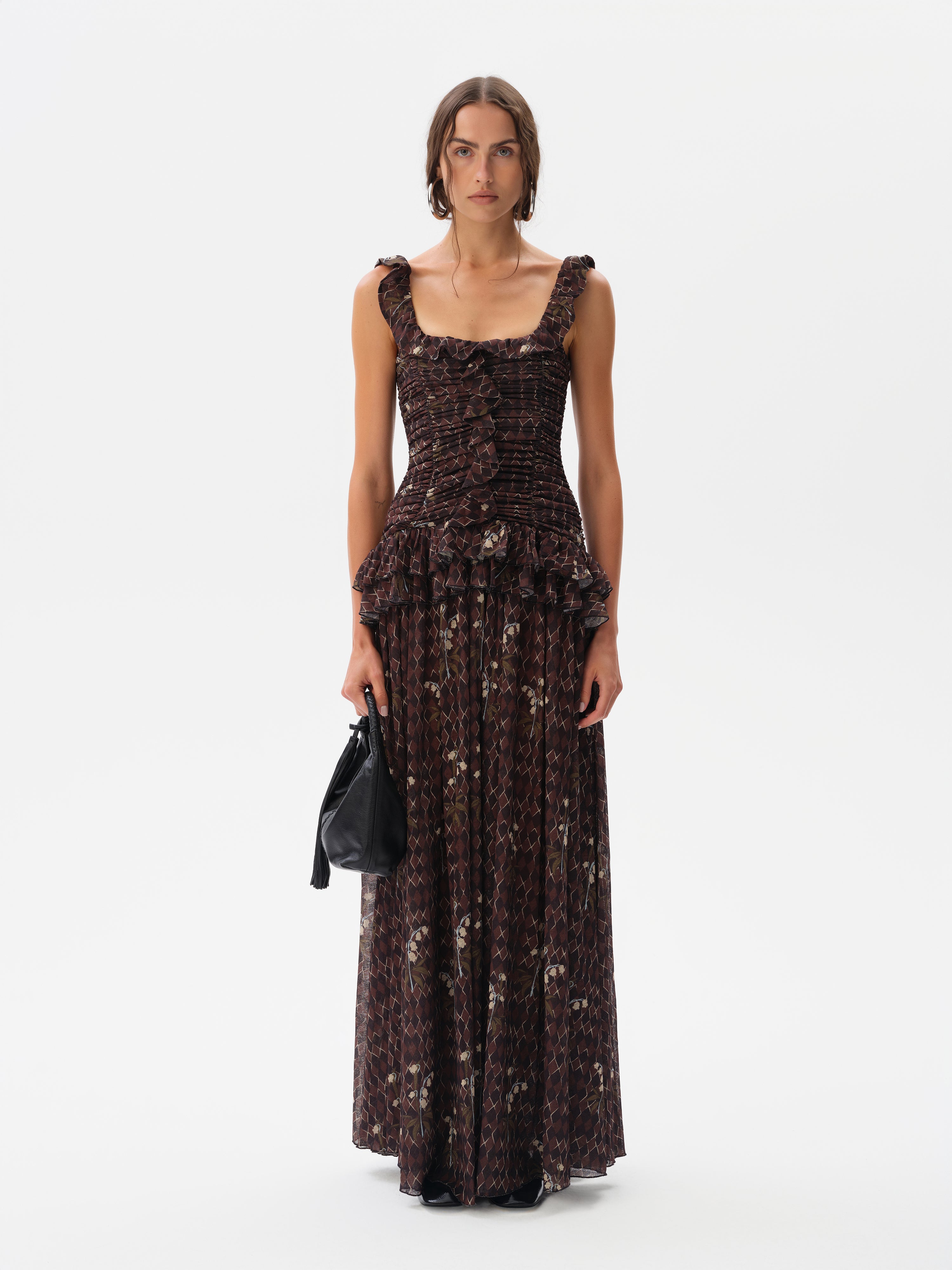 EMILIA - Ruched printed mesh maxi dress