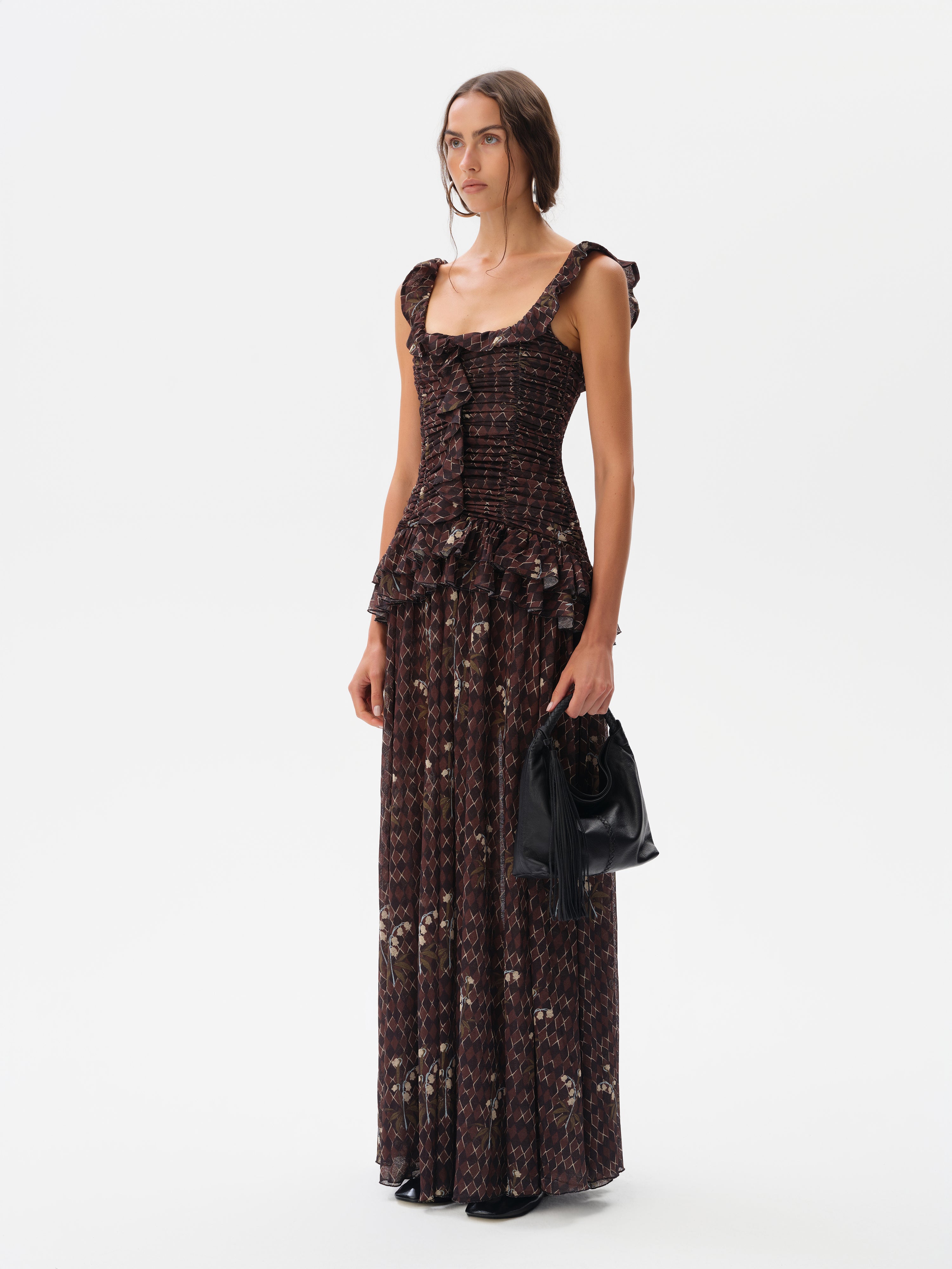 EMILIA - Ruched printed mesh maxi dress