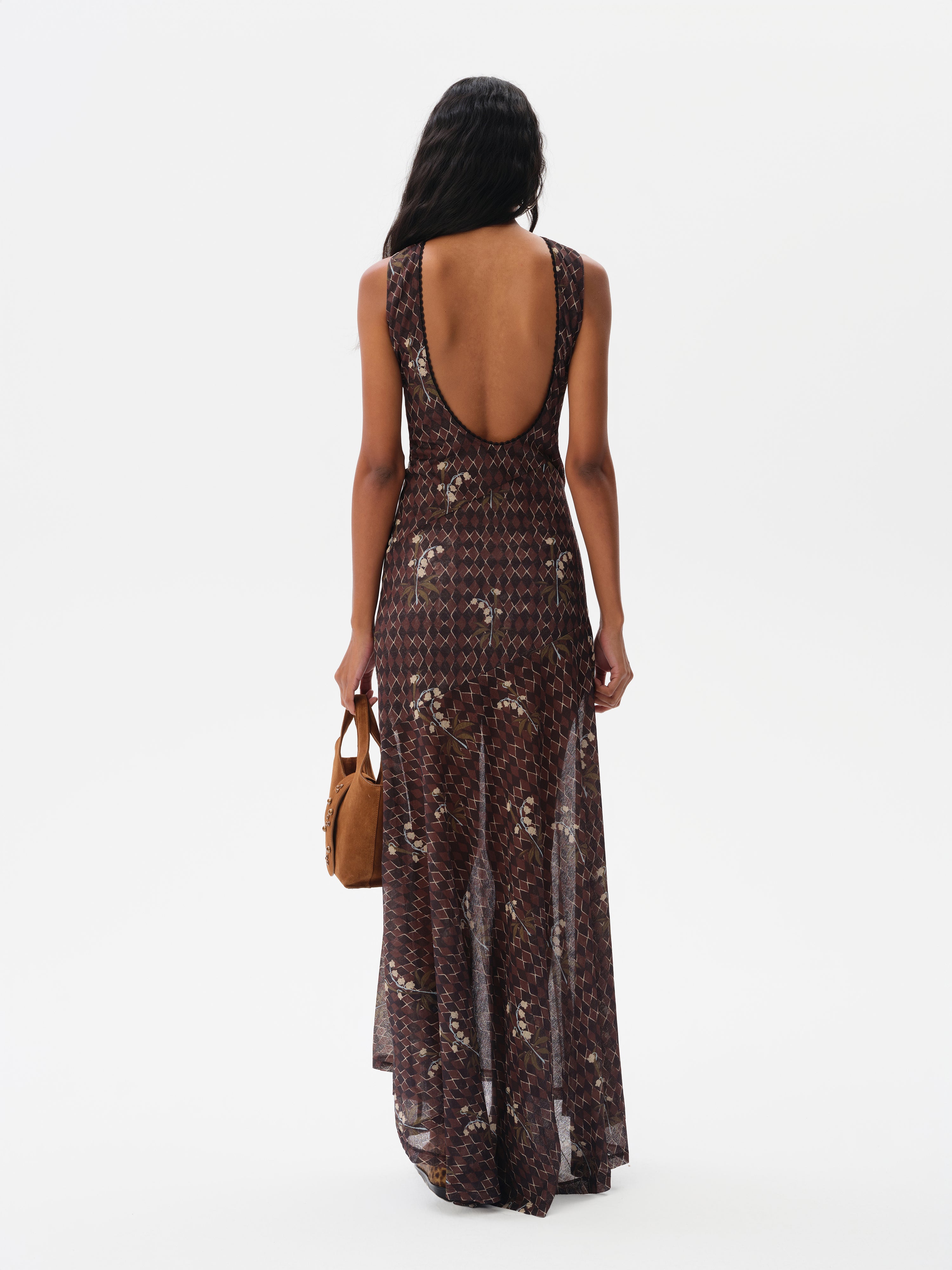 FENS - Open-back printed mesh maxi dress
