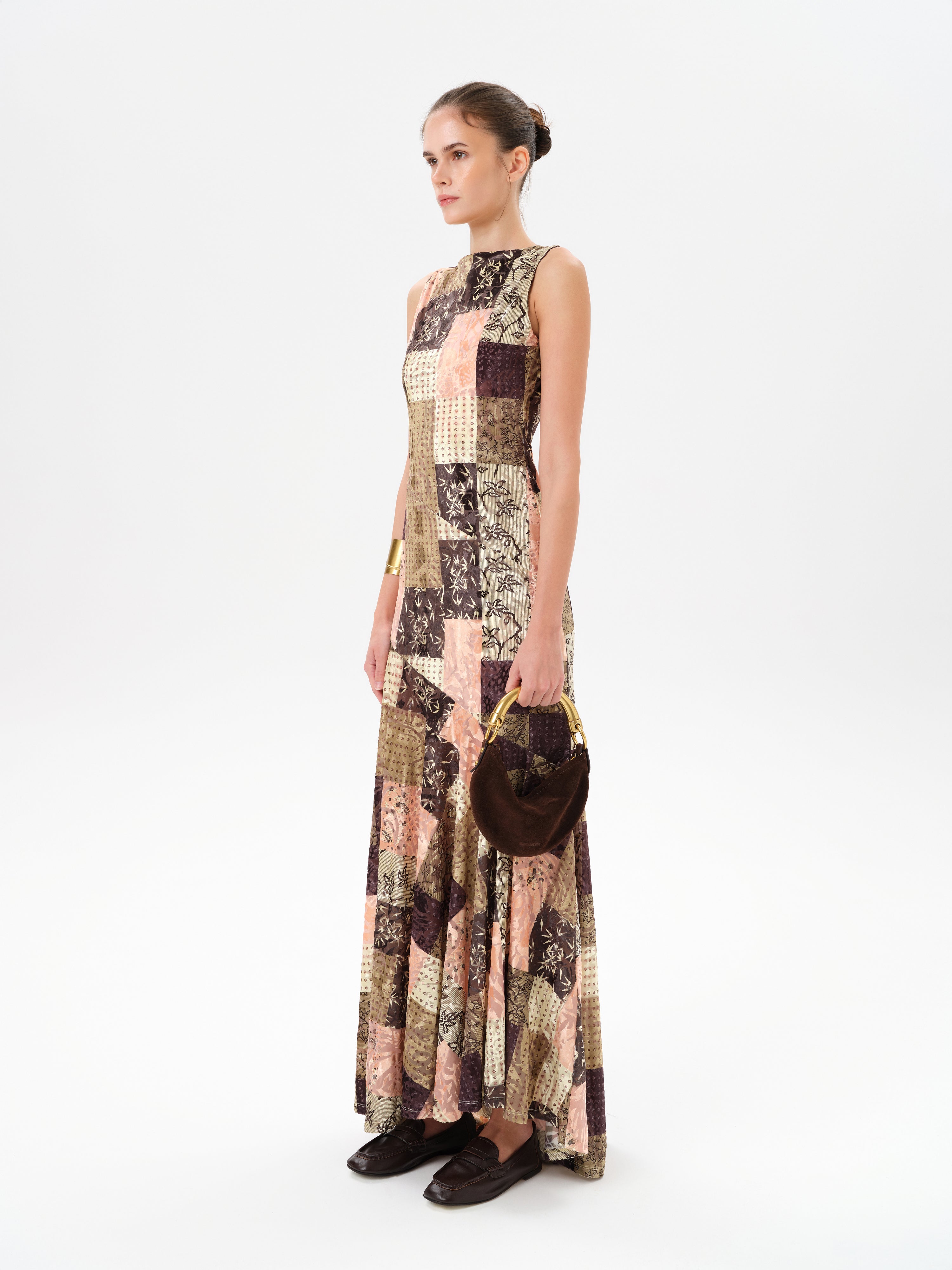 FENS - Open-back velvet maxi dress with patchwork pattern