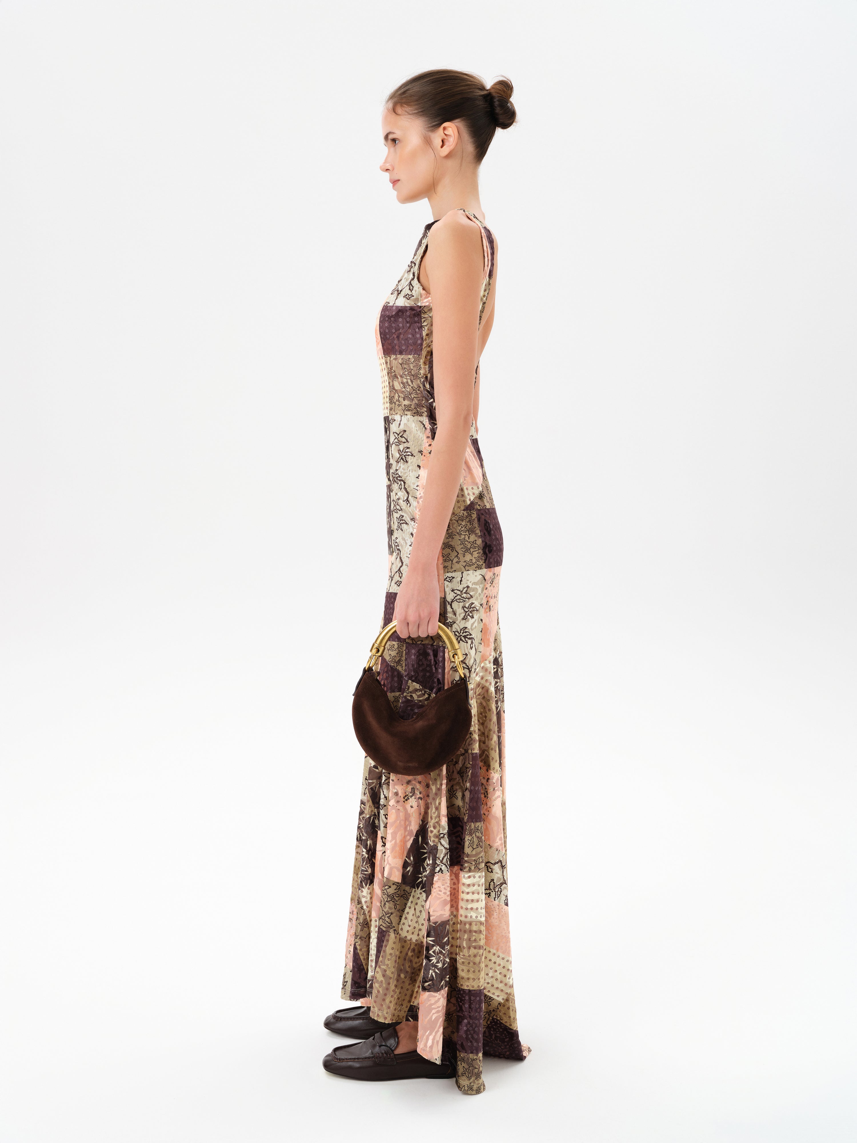 FENS - Open-back velvet maxi dress with patchwork pattern