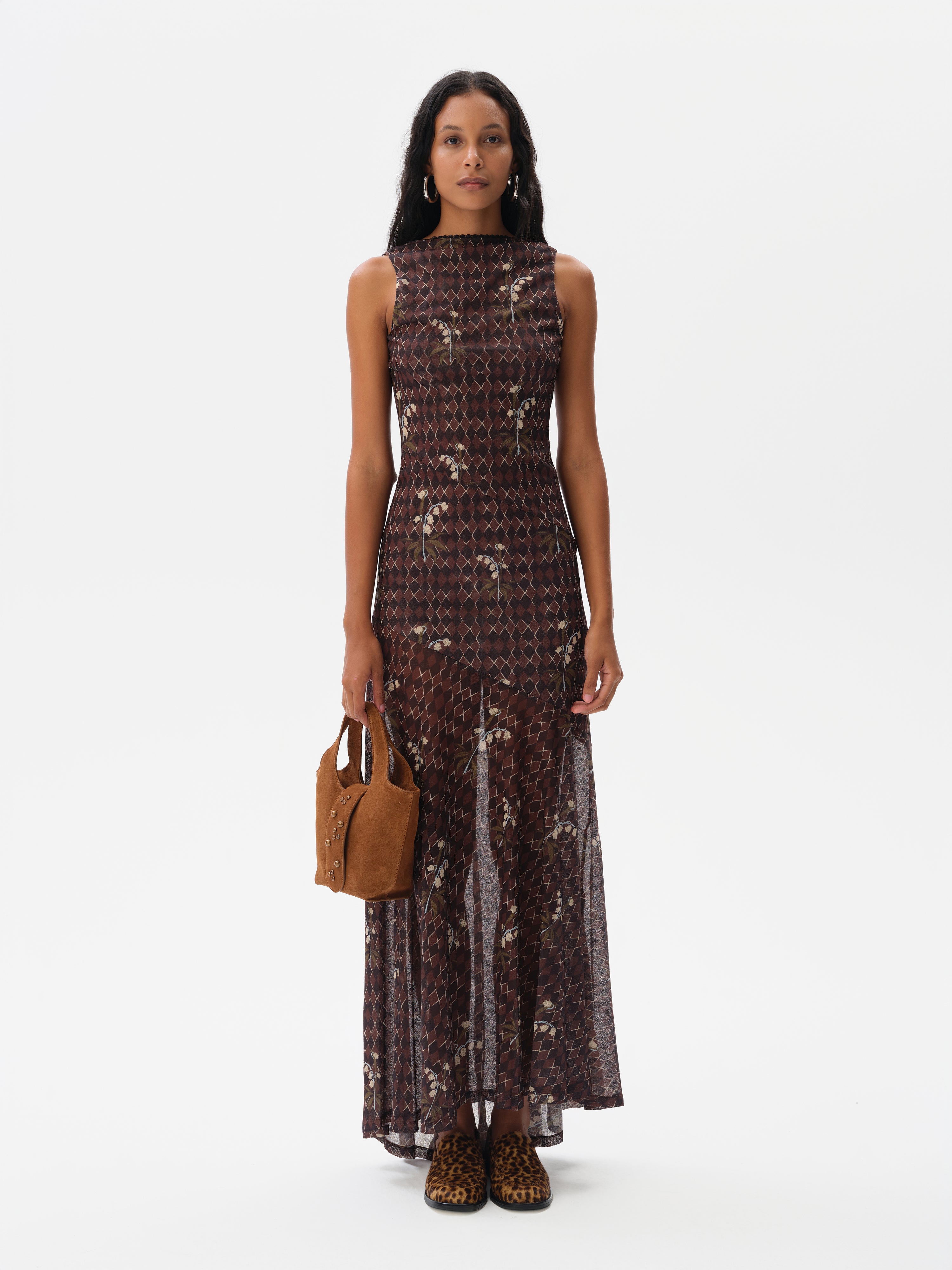 FENS - Open-back printed mesh maxi dress