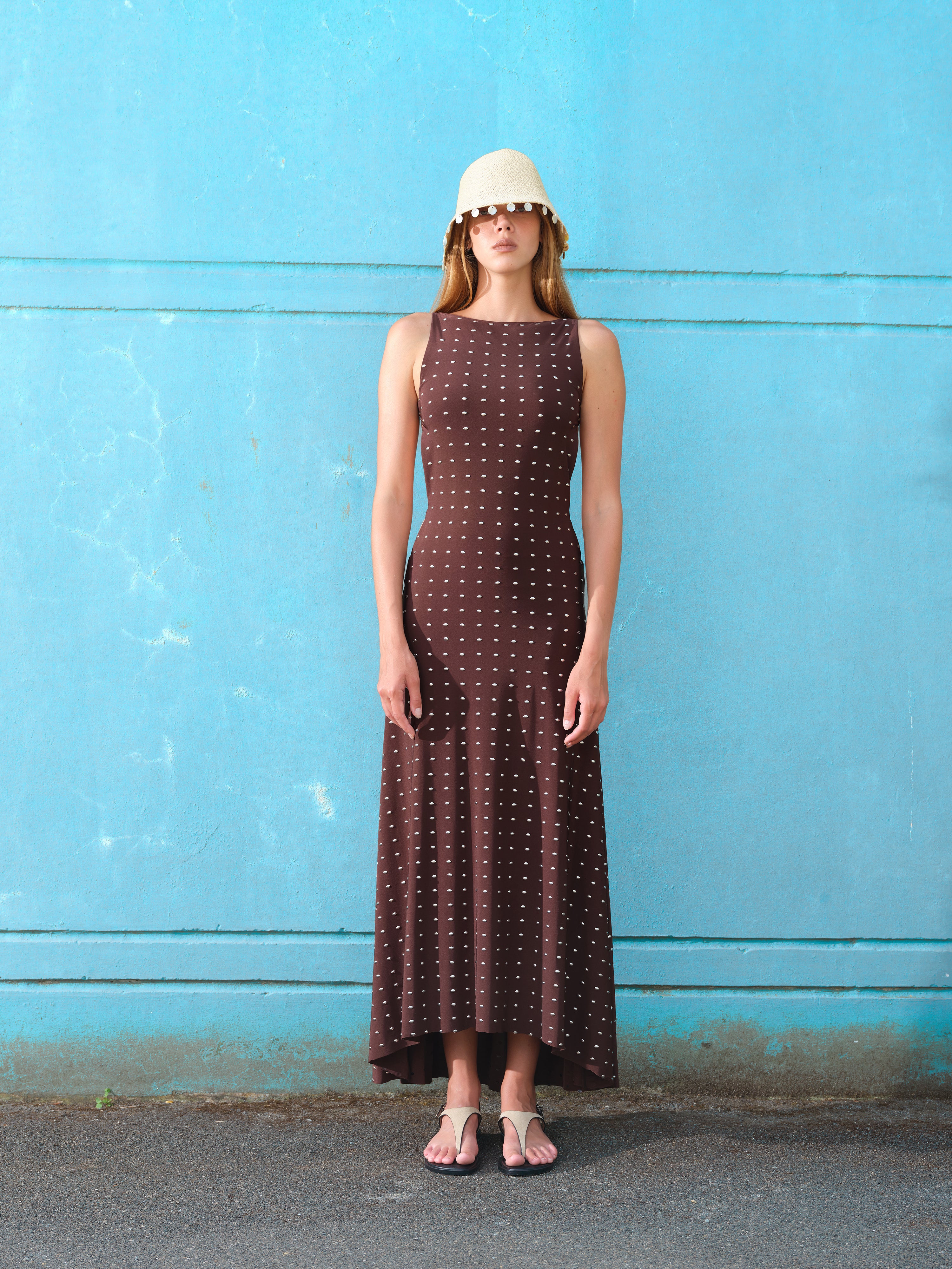 GRACE - Sleeveless maxi dress in stretch jersey with all-over metal studs