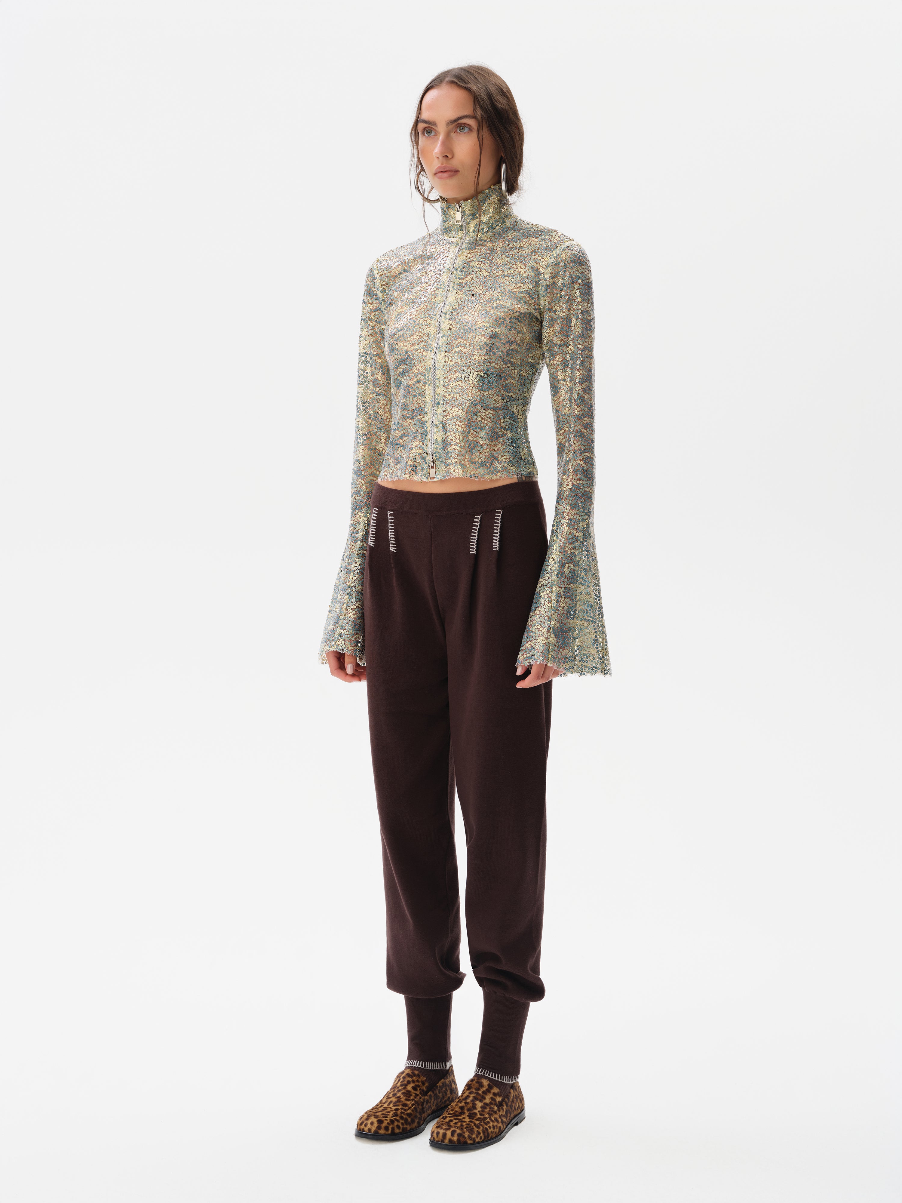 JUN - Sequined fluted top with front zipper