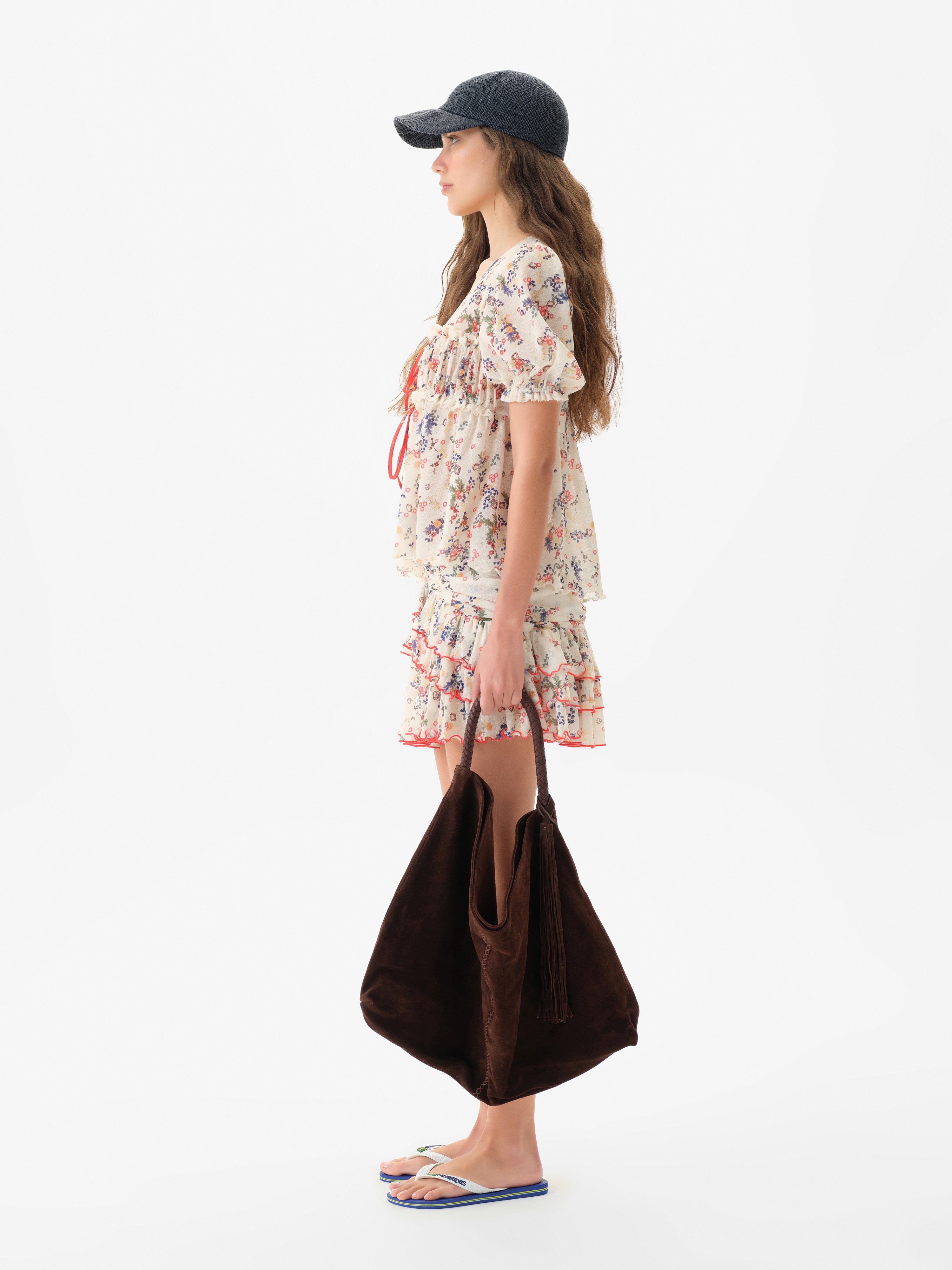 KAIA - Flower print semi-sheer mesh mini skirt with ruffles