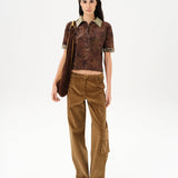 LENA - Contrast printed collar velvet devoré short-sleeve polo