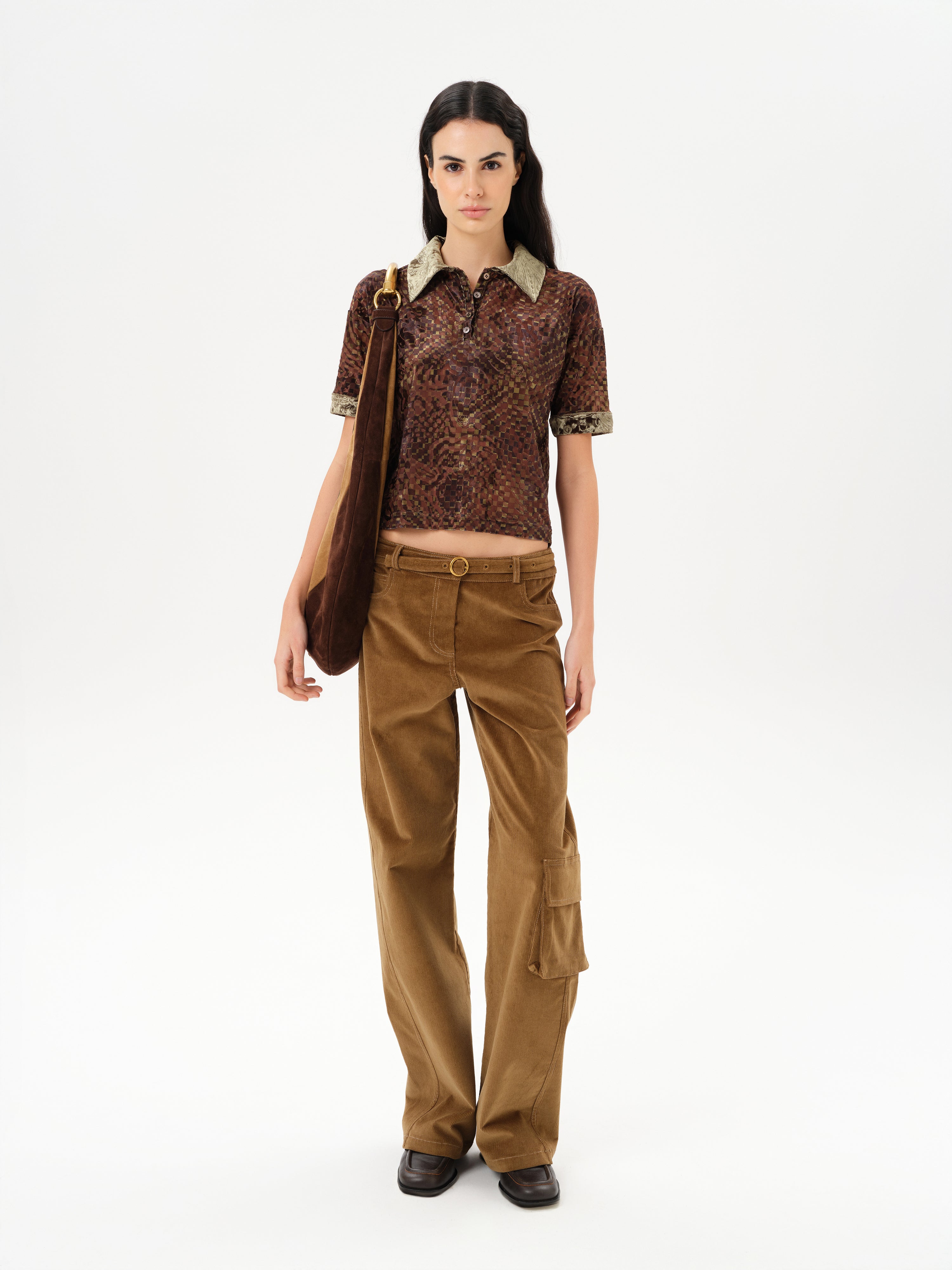 LENA - Contrast printed collar velvet devoré short-sleeve polo