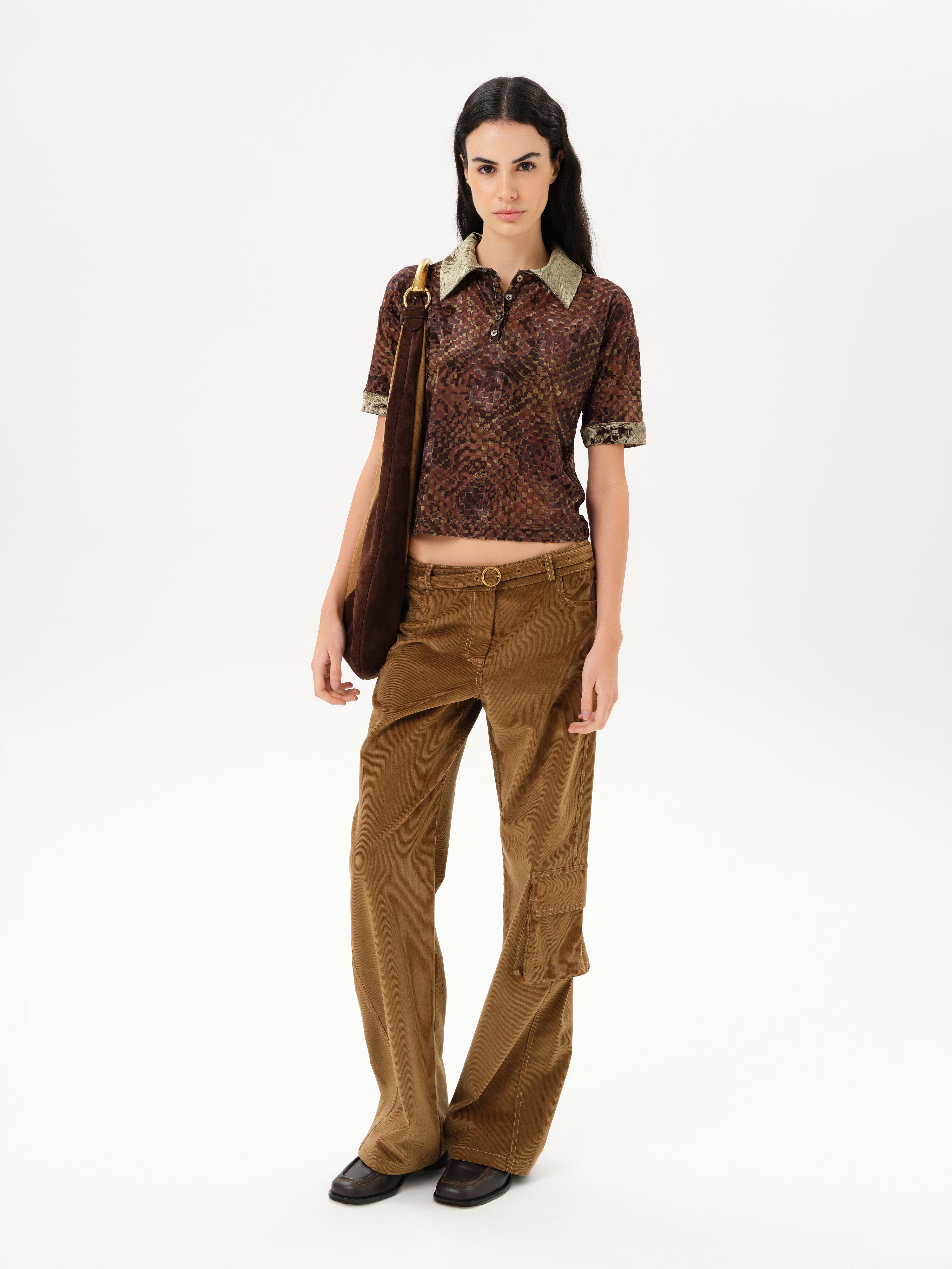 LENA - Contrast printed collar velvet devoré short-sleeve polo