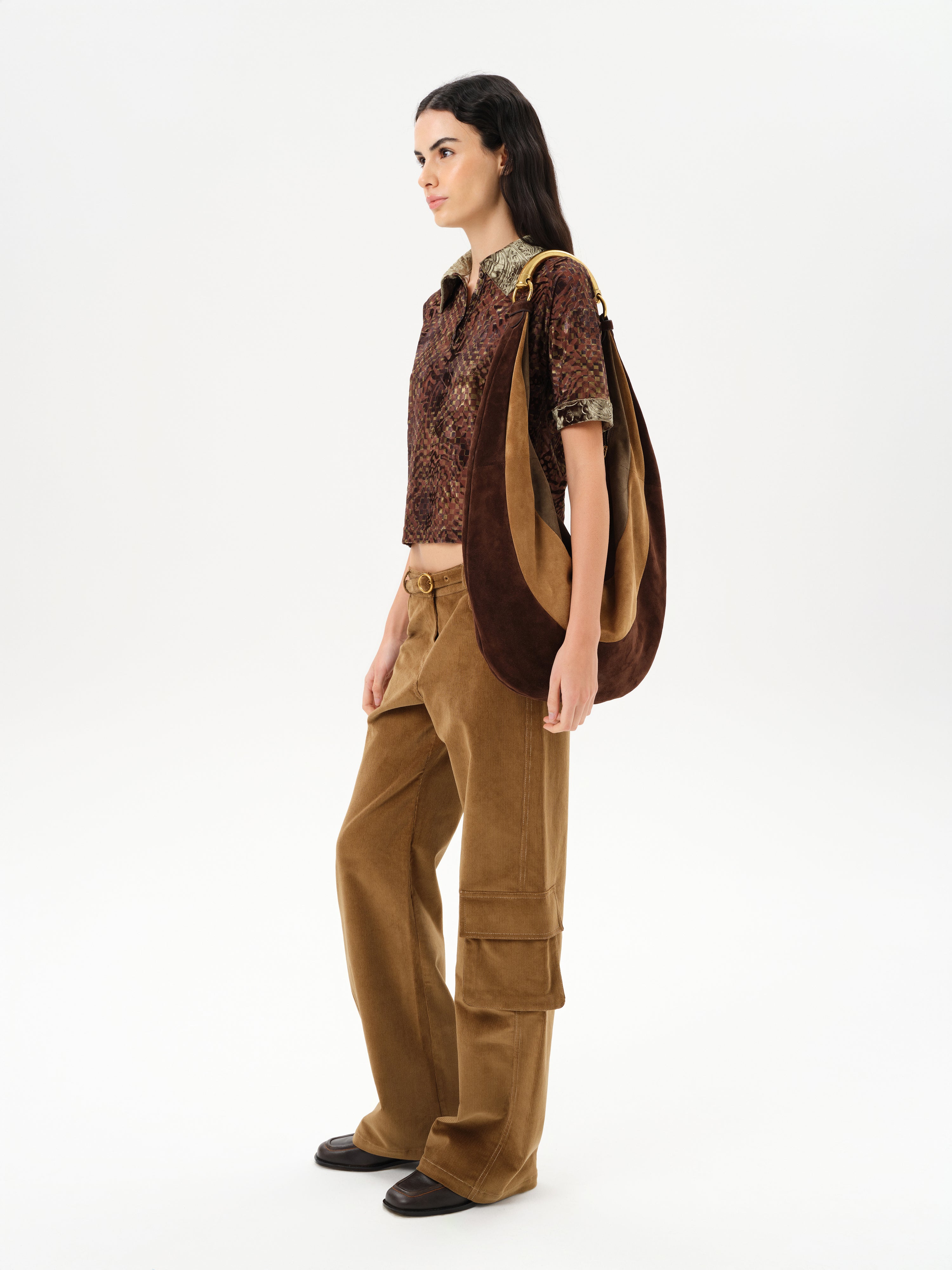 LENA - Contrast printed collar velvet devoré short-sleeve polo