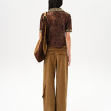 LENA - Contrast printed collar velvet devoré short-sleeve polo