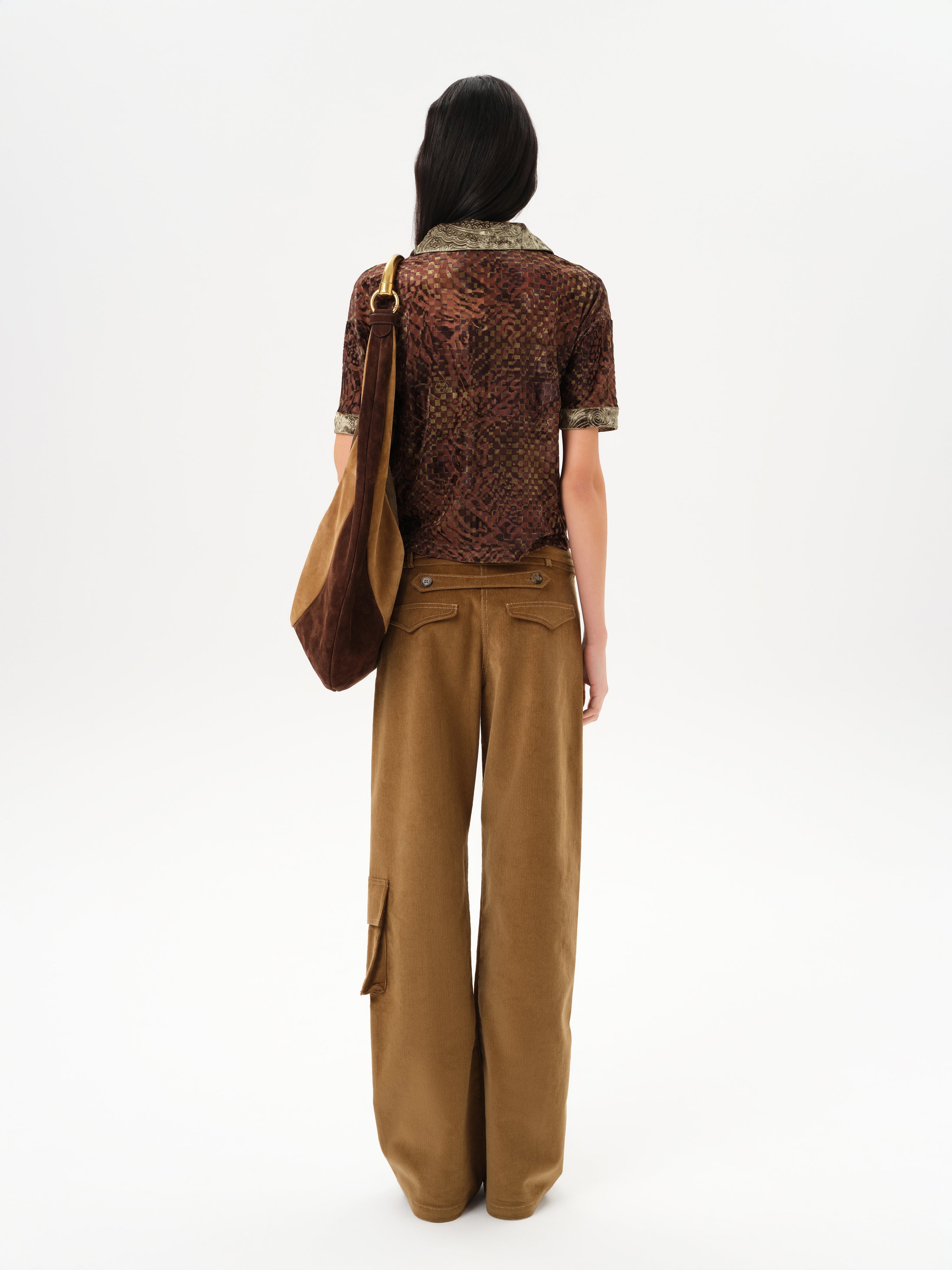 LENA - Contrast printed collar velvet devoré short-sleeve polo