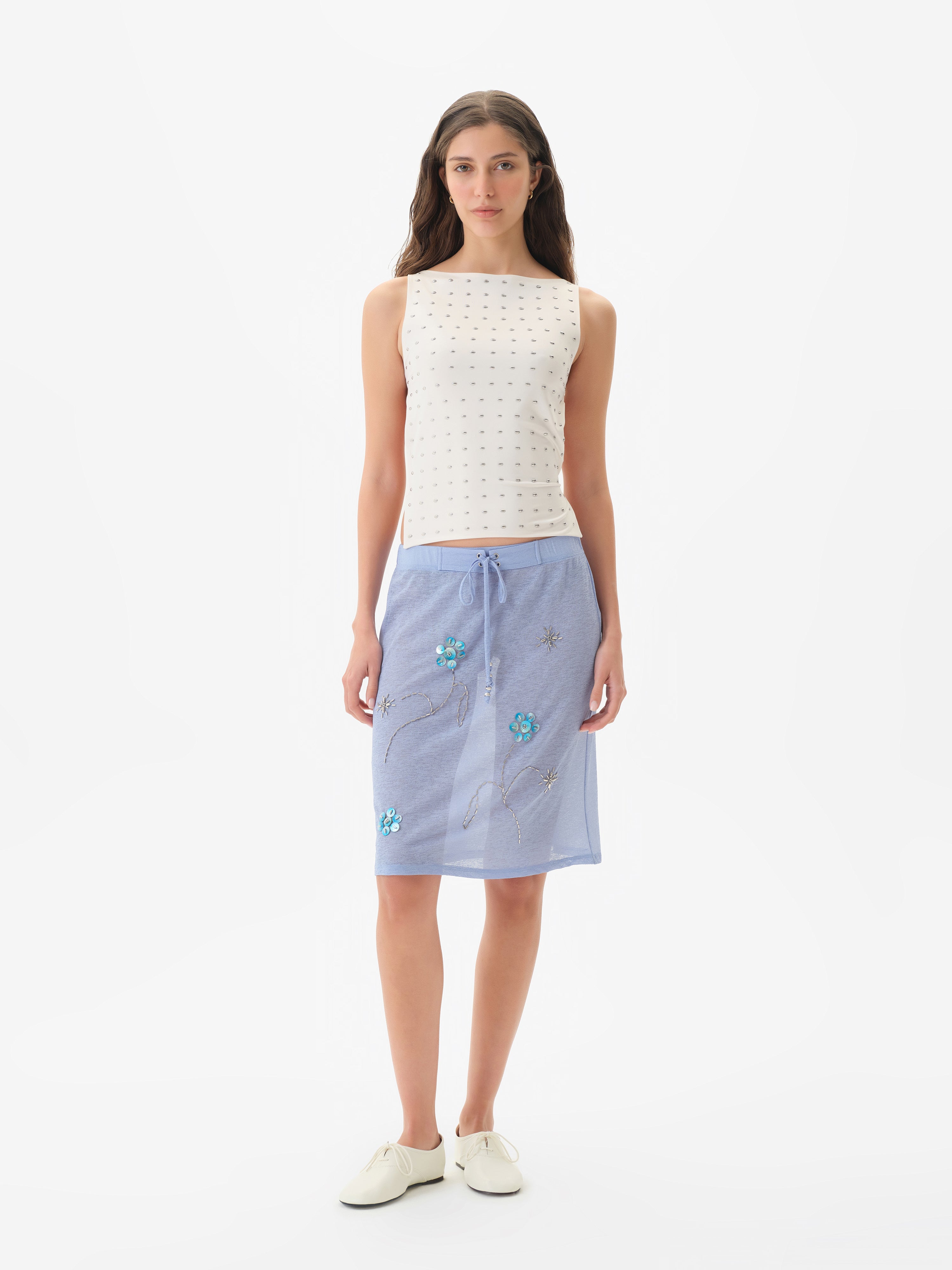 LIZ - Embroidered semi sheer mesh midi skirt