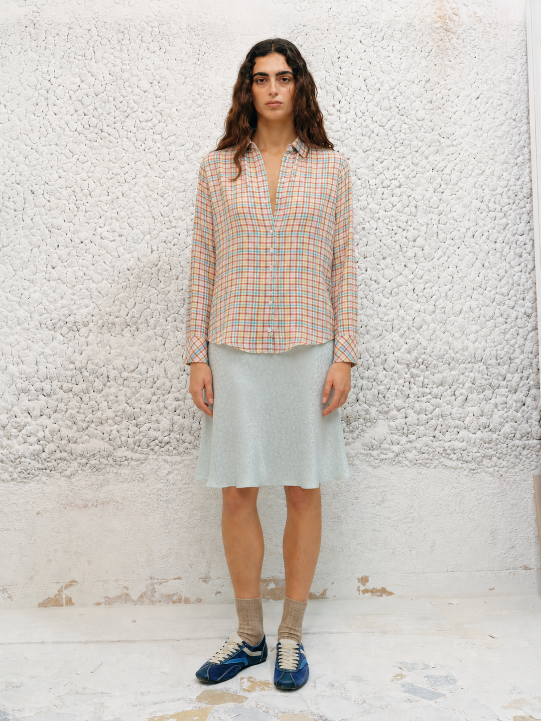 LOTTIE - Pastel plaid crepe button-down shirt