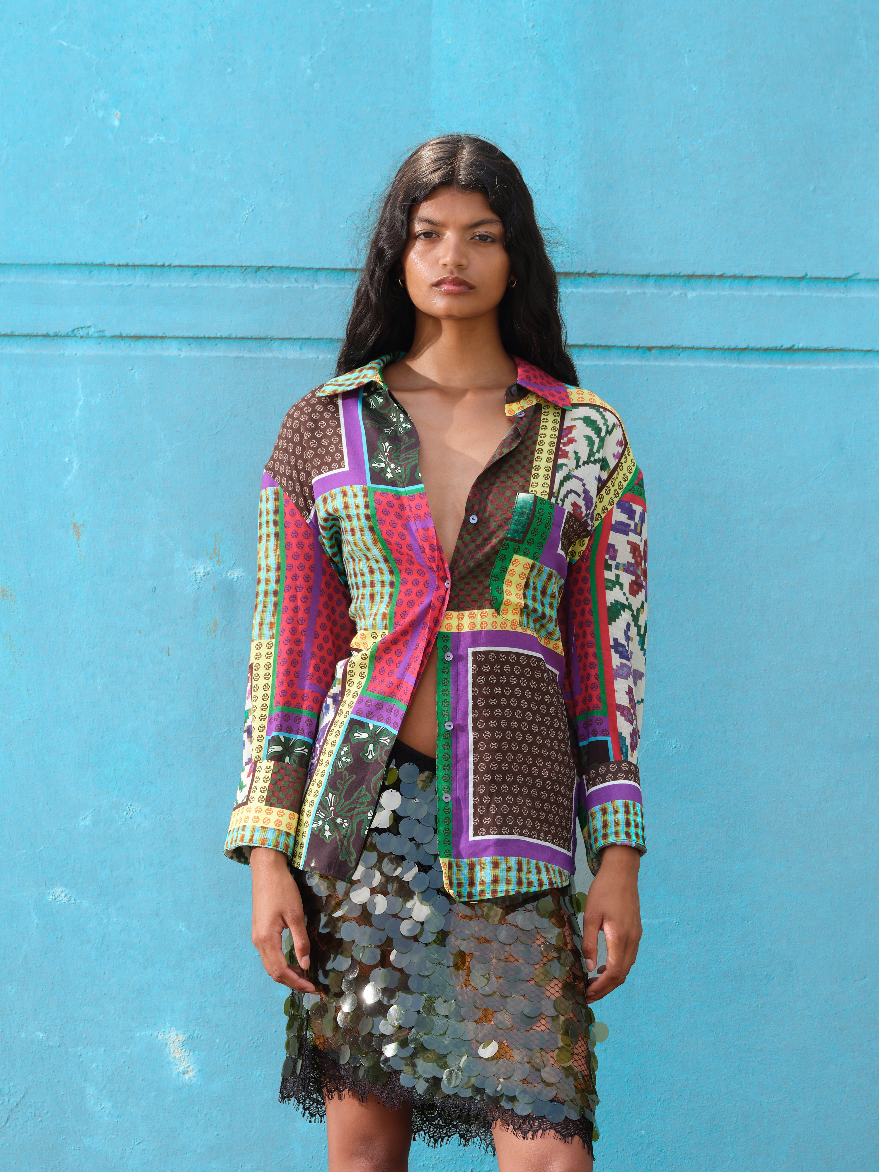 LOU - Patchwork print oversized button down shirt
