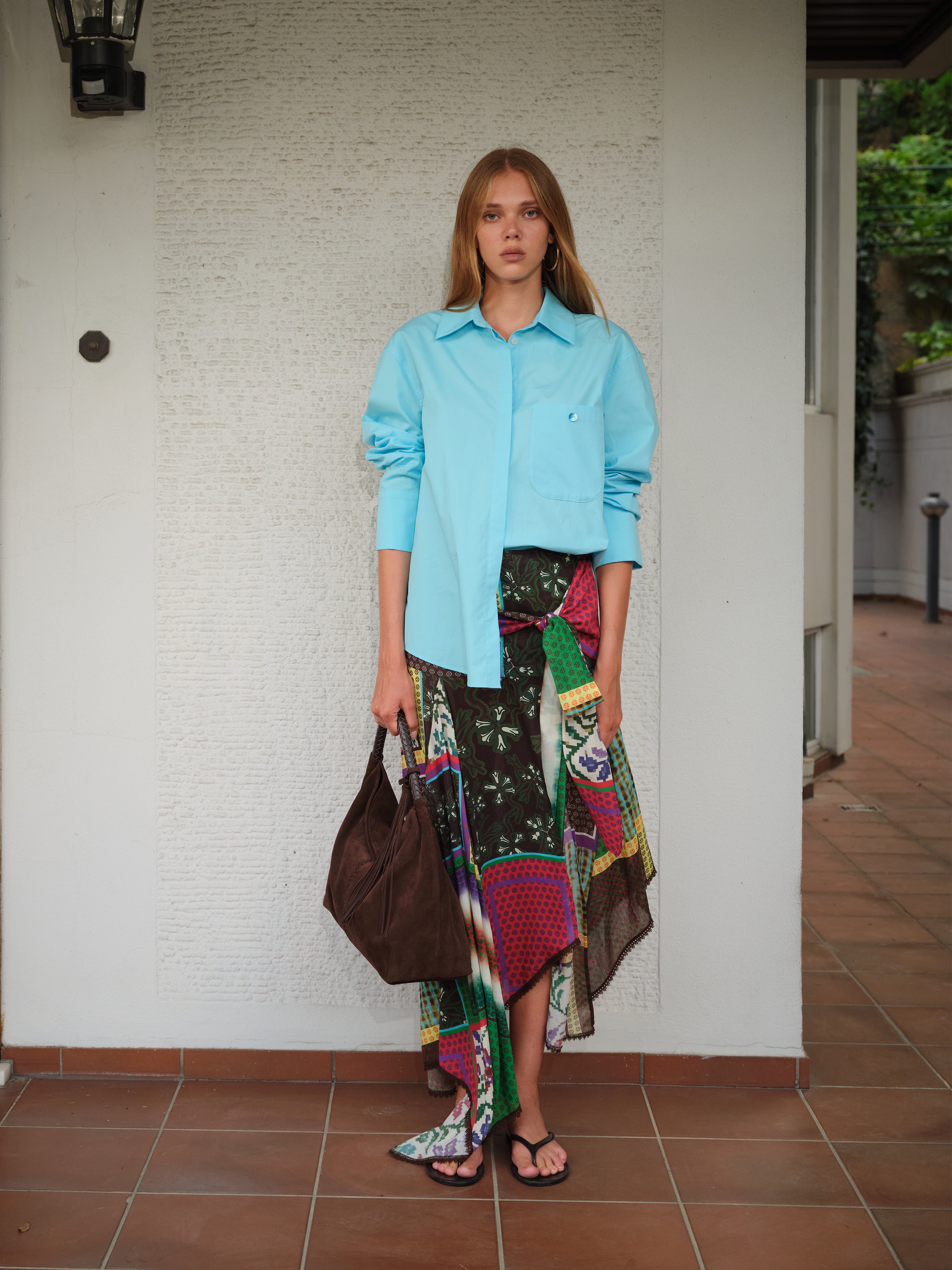 LUMIER - Patchwork draped skirt with knot detail and asymmetrical hem