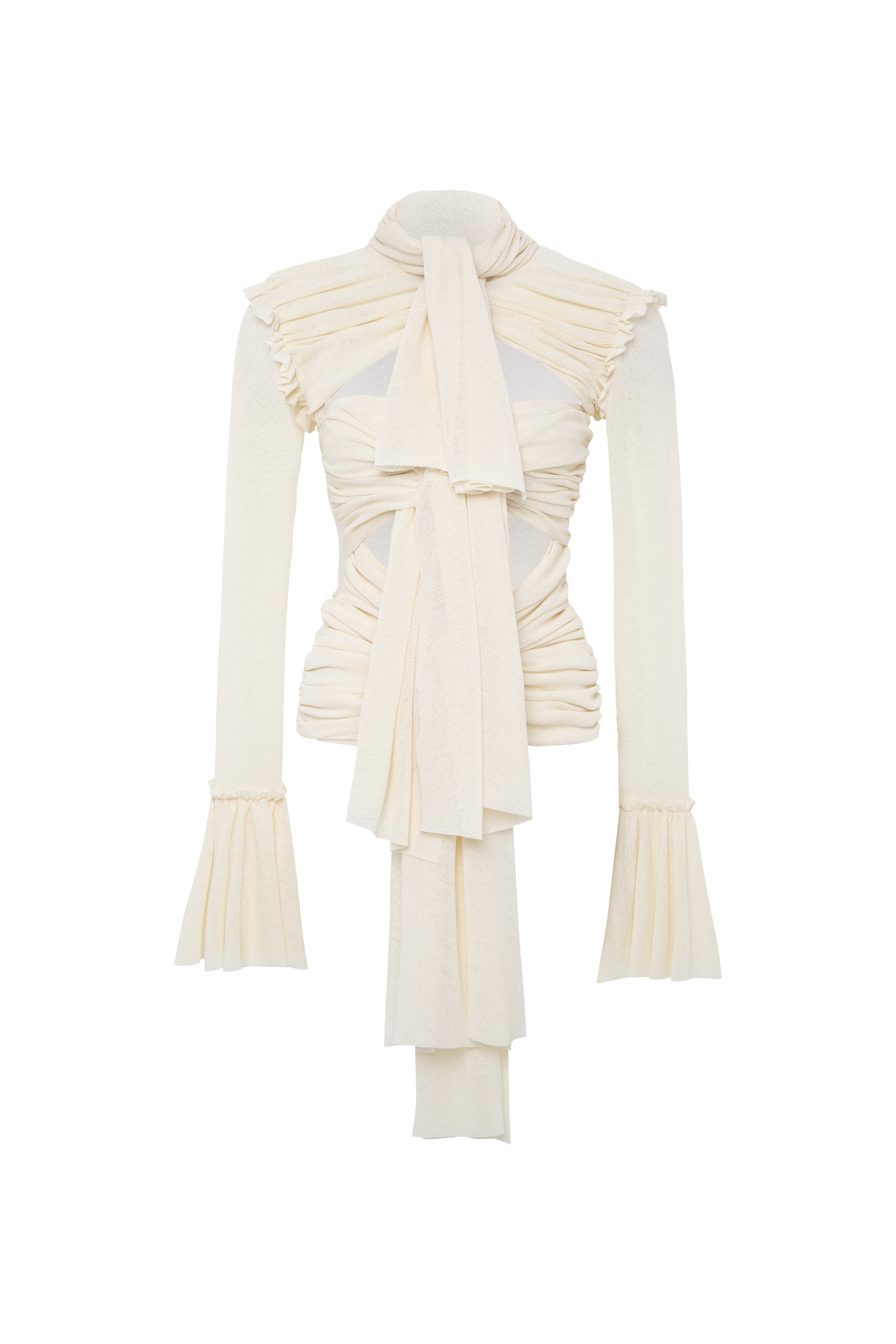 LUNA - Ruched semi sheer mesh top with layered front tie details