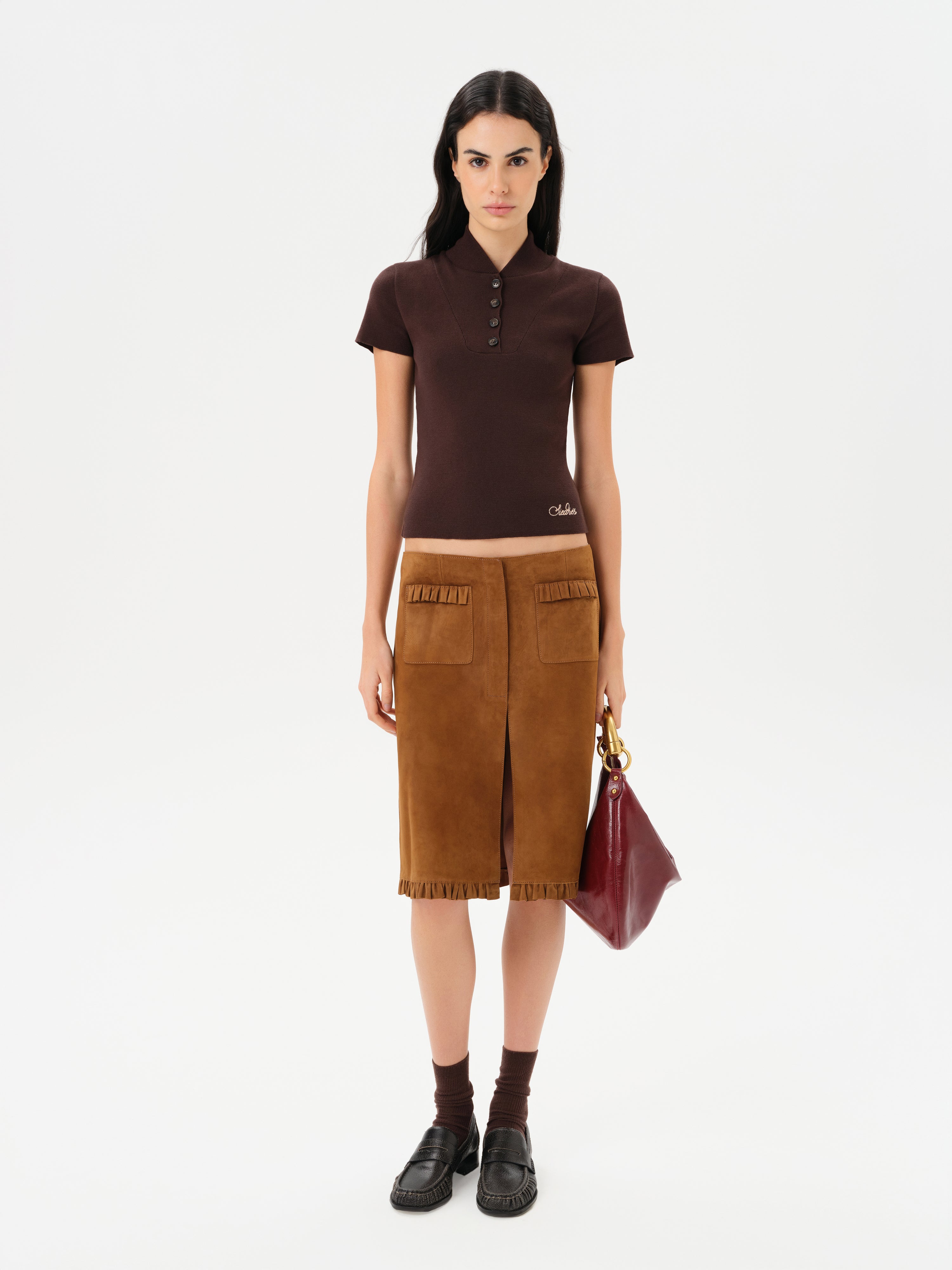 MAKI - Frill detailed suede midi skirt