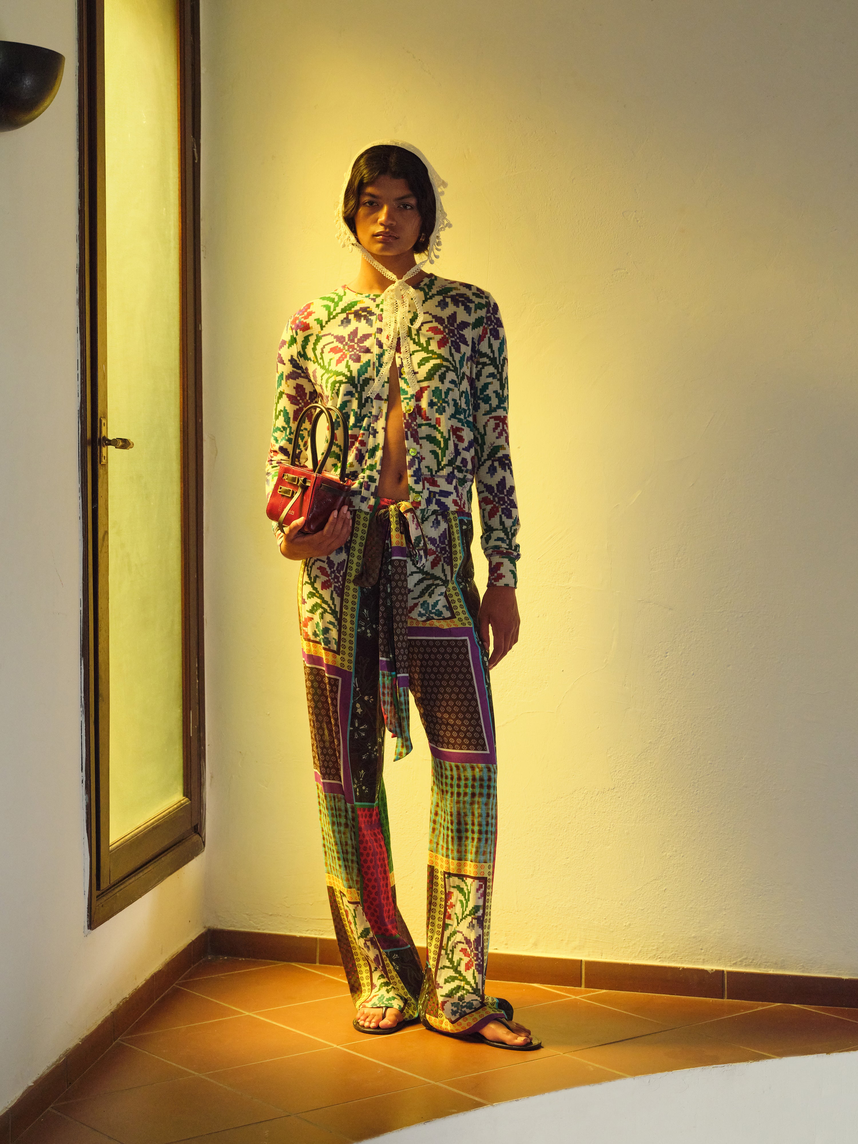 MANOCE - Patchwork print wide-leg pants with front tie