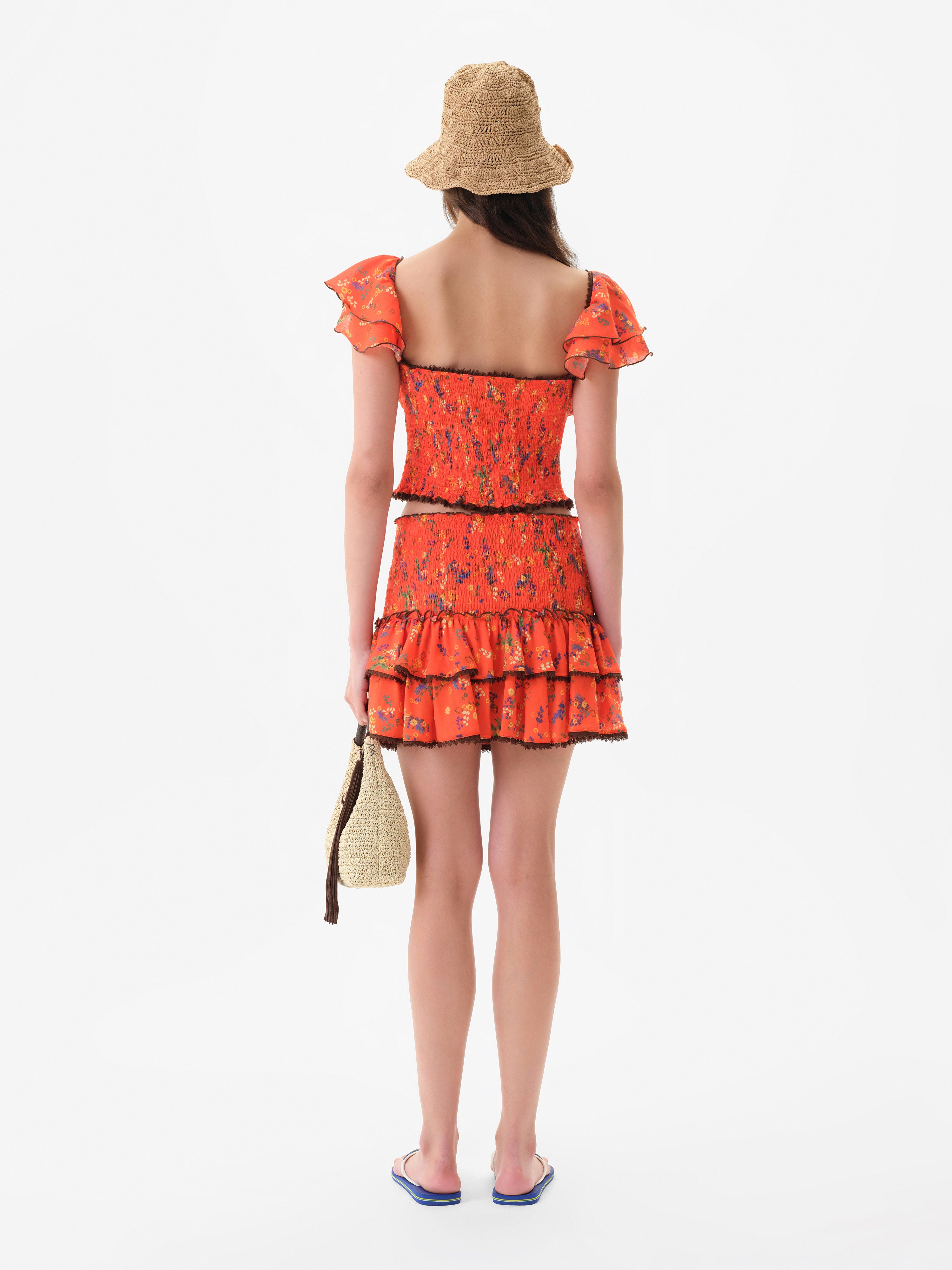 MARDY - Floral print blouse with smocked hem and ruffled sleeves