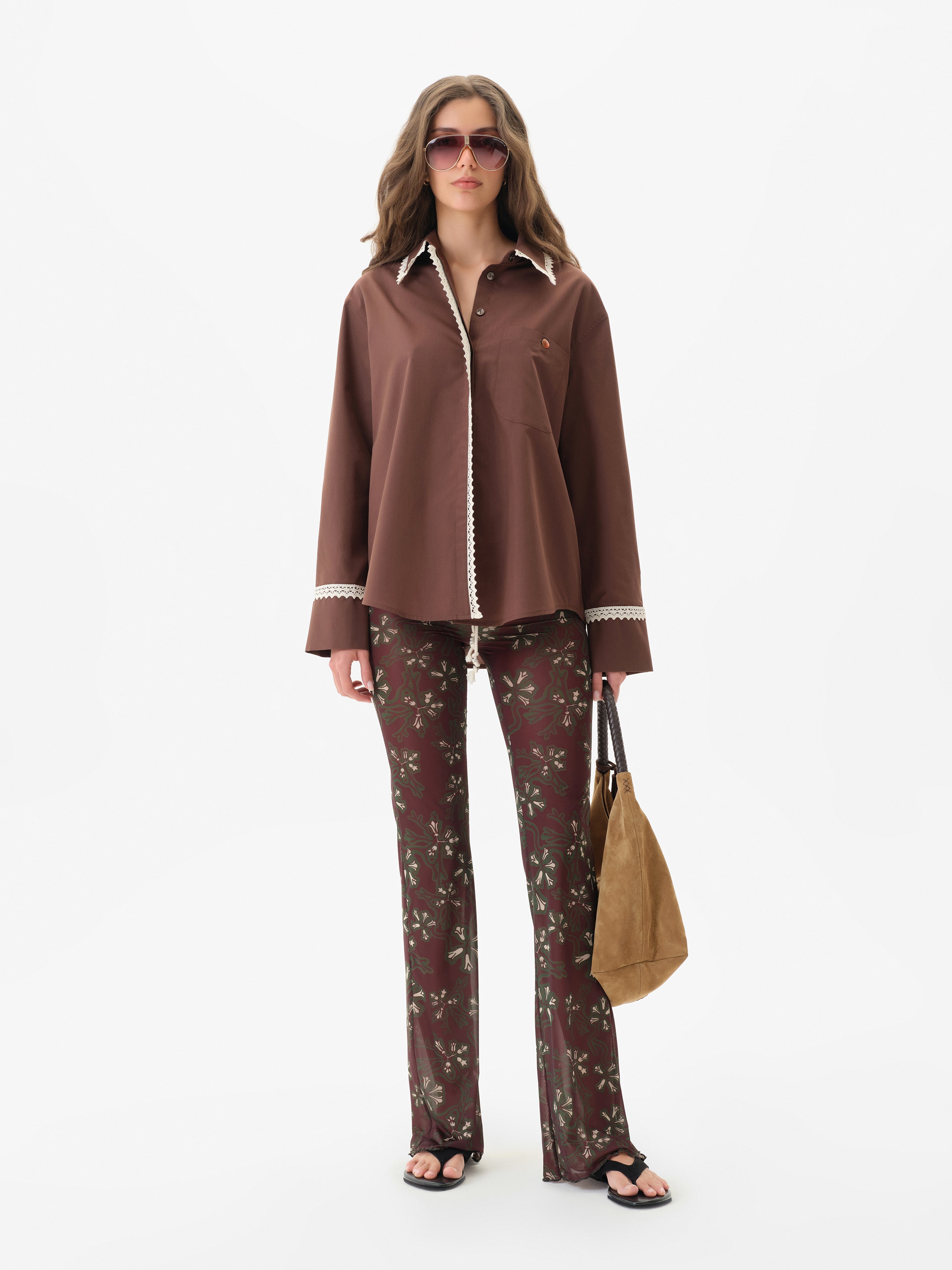 MIRNA - Oversized lace trim detailed mother-of-pearl button down shirt